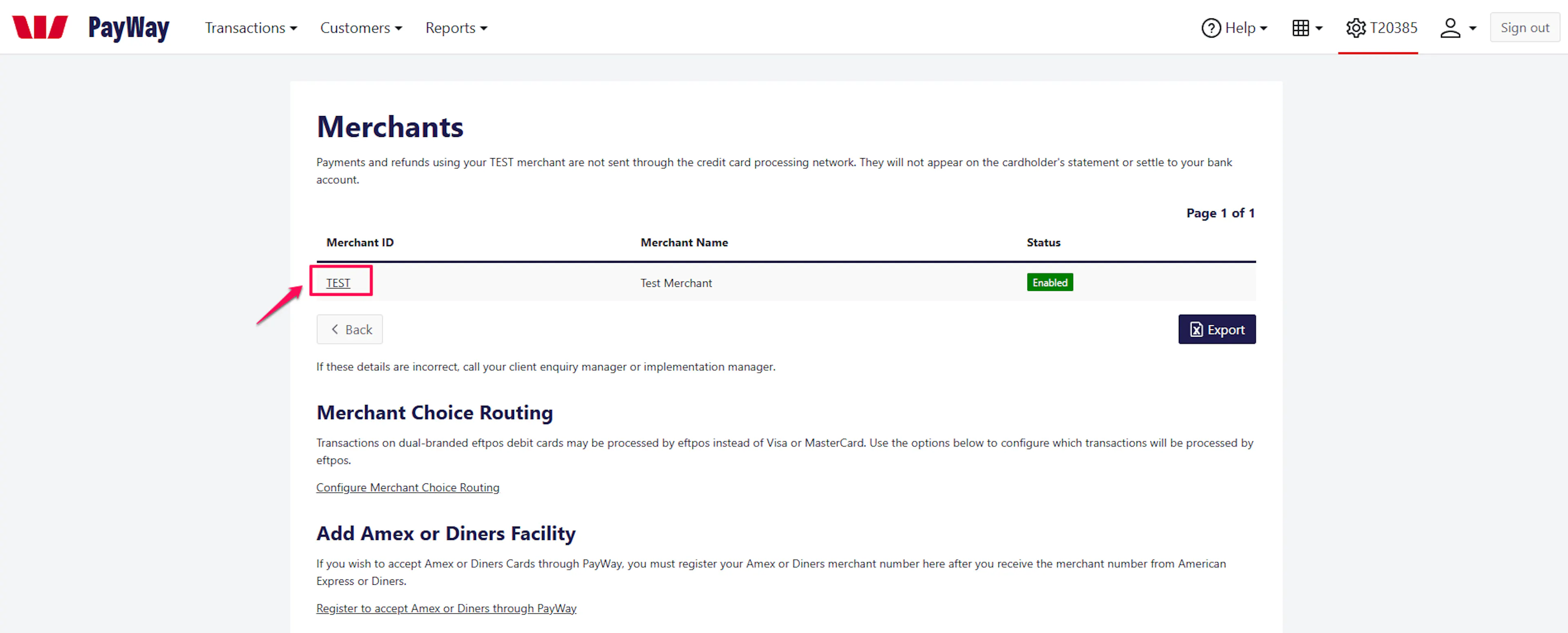 Merchants page showing Merchant ID and Merchant Name columns