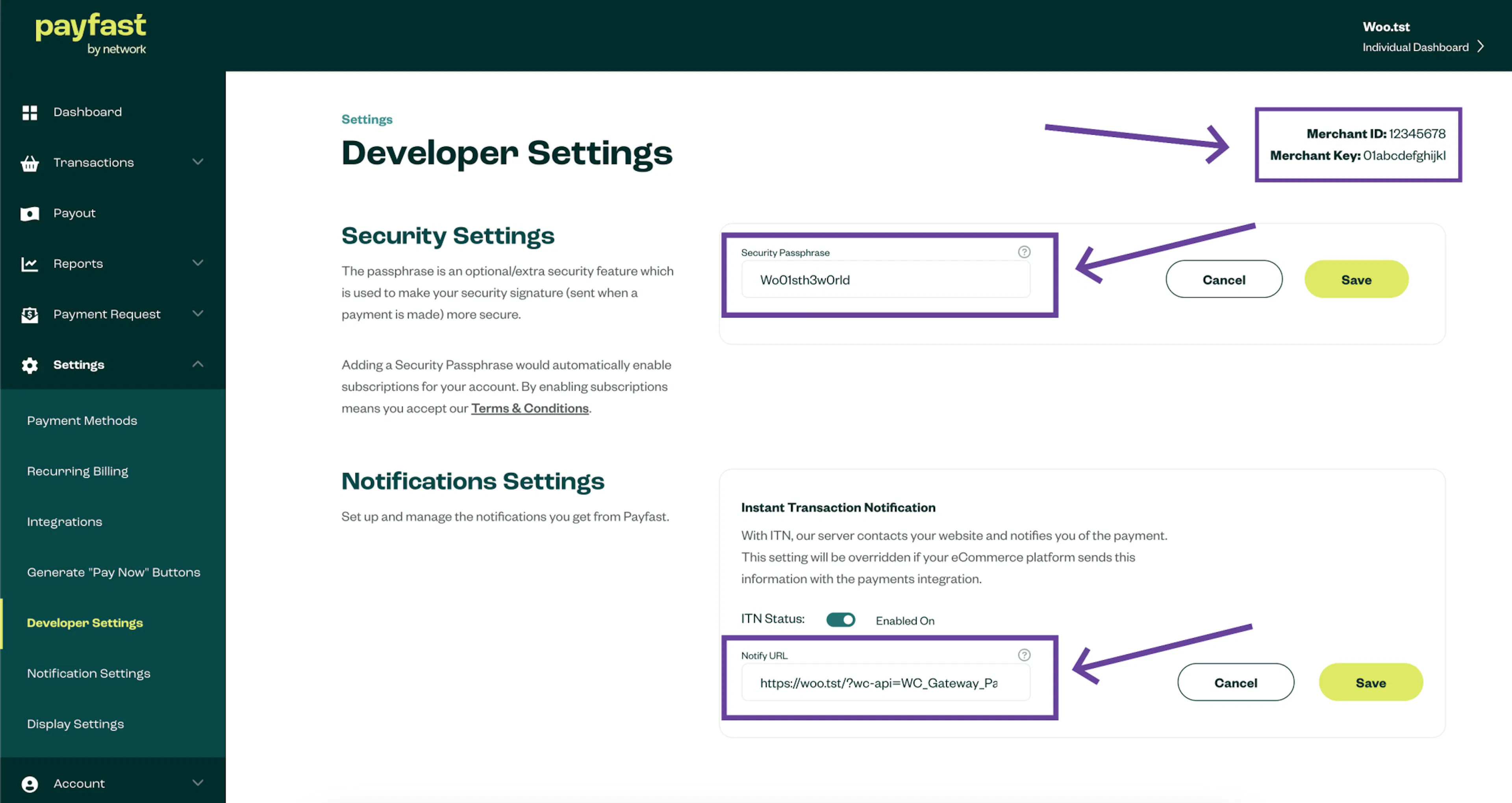 PayFast Developer Settings page showing Merchant ID and Merchant Key fields