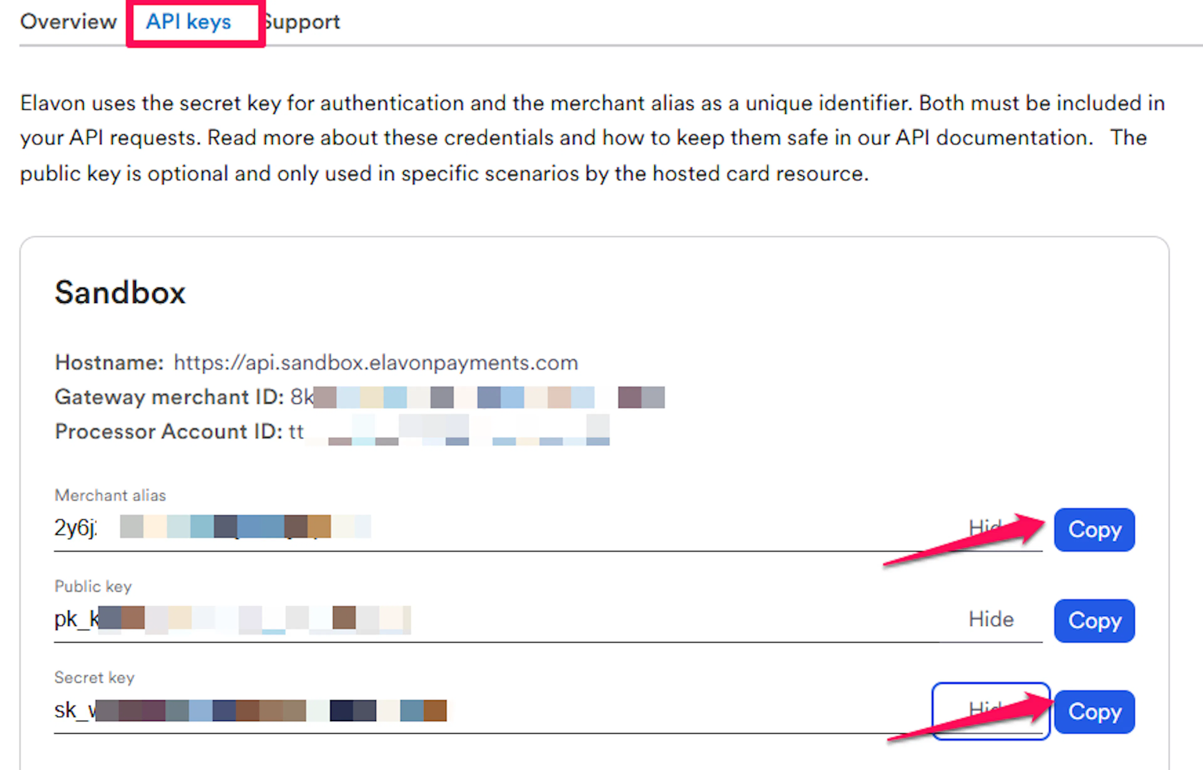 Elavon Developer Portal API tab showing the Merchant Alias and Secret Key