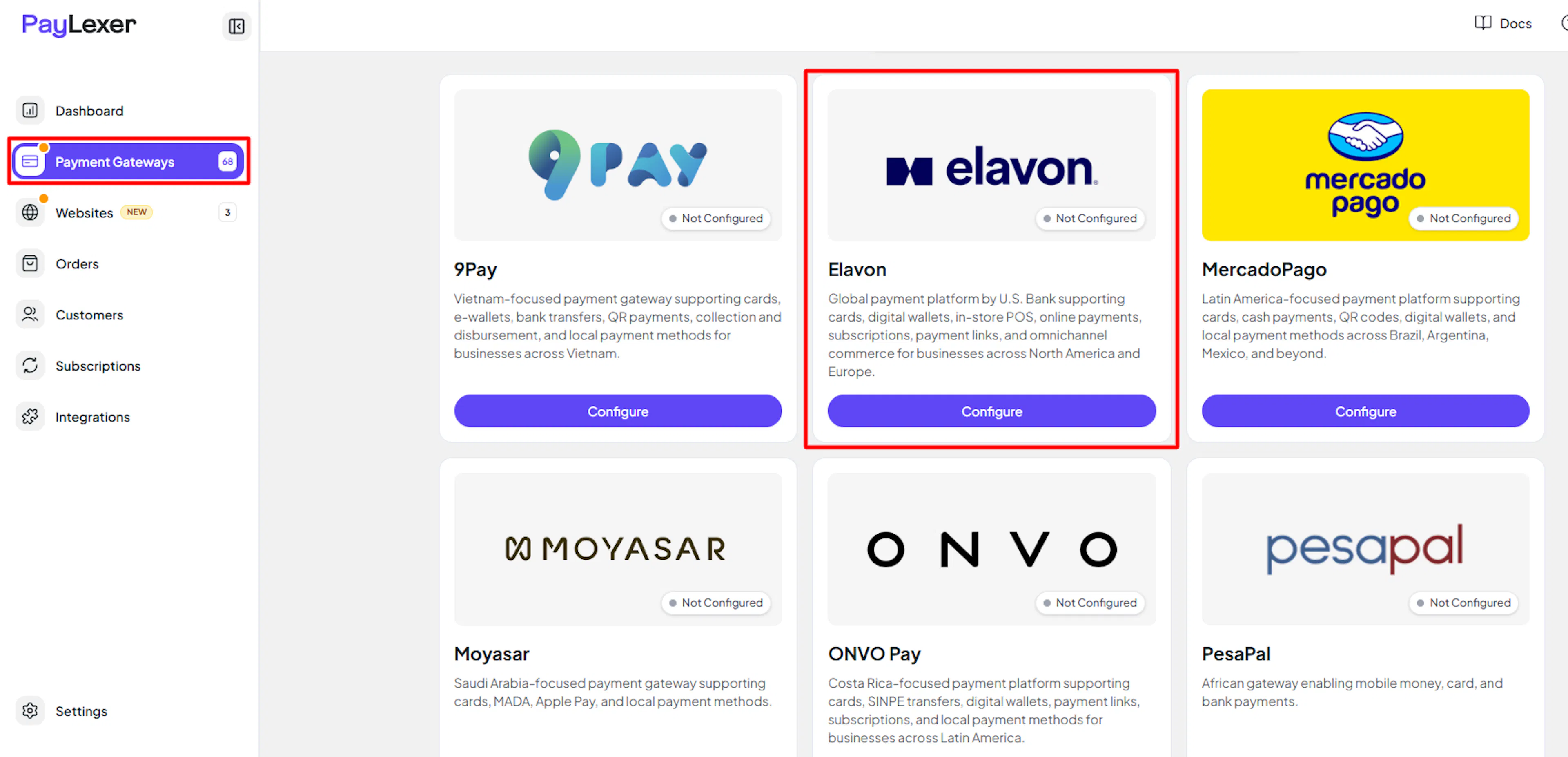 Elavon highlighted in the PayLexer Payment Gateways list