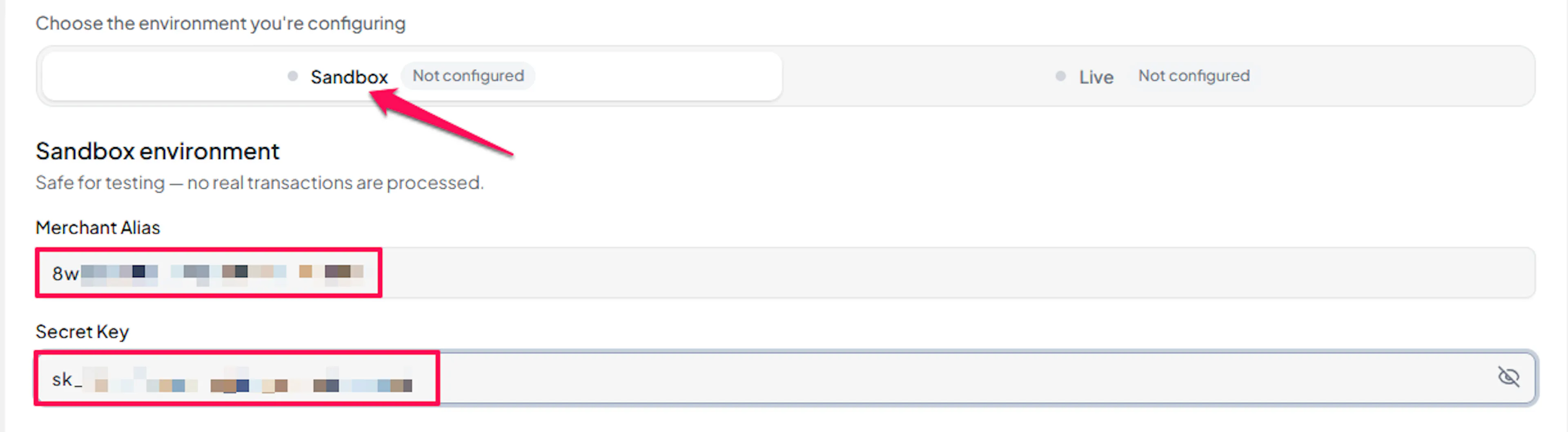 PayLexer Elavon sandbox credential fields for Merchant Alias and Secret Key