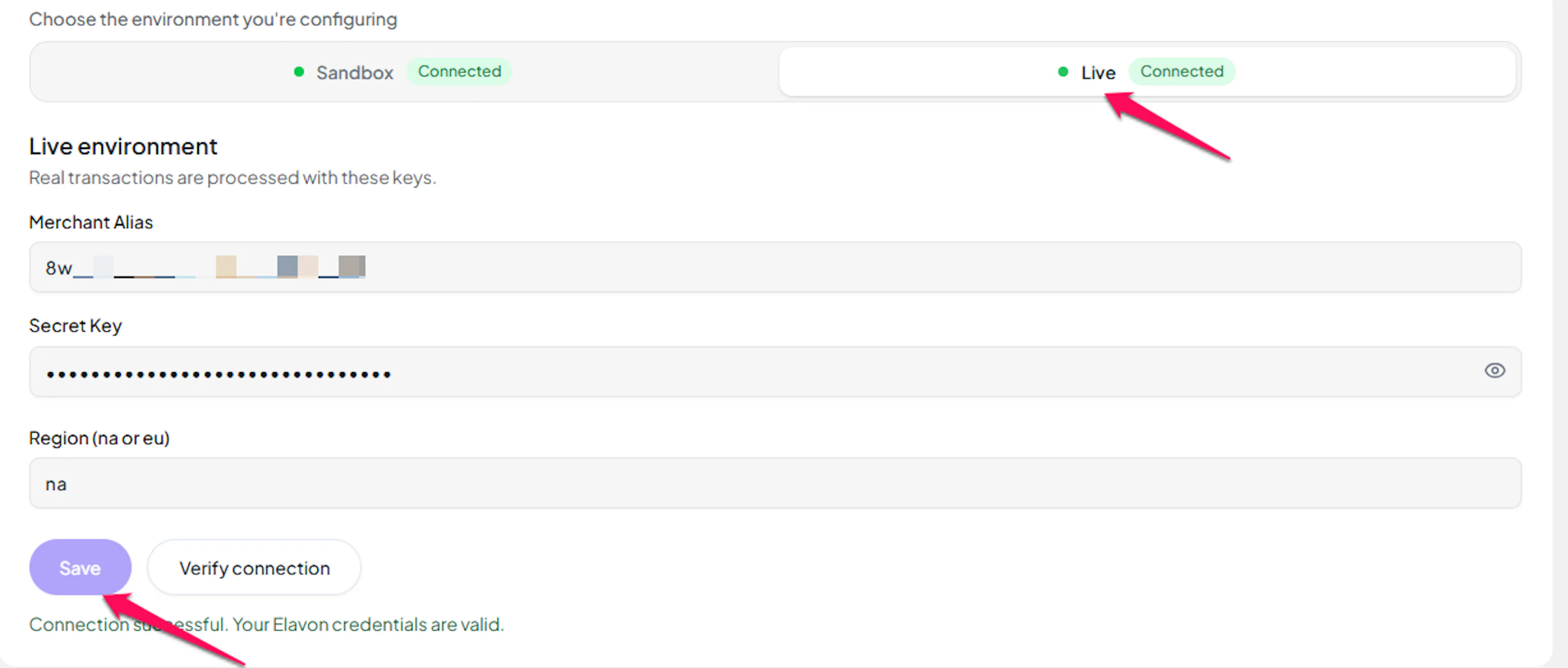 Test Connection and Save Configuration buttons on the Elavon live settings
