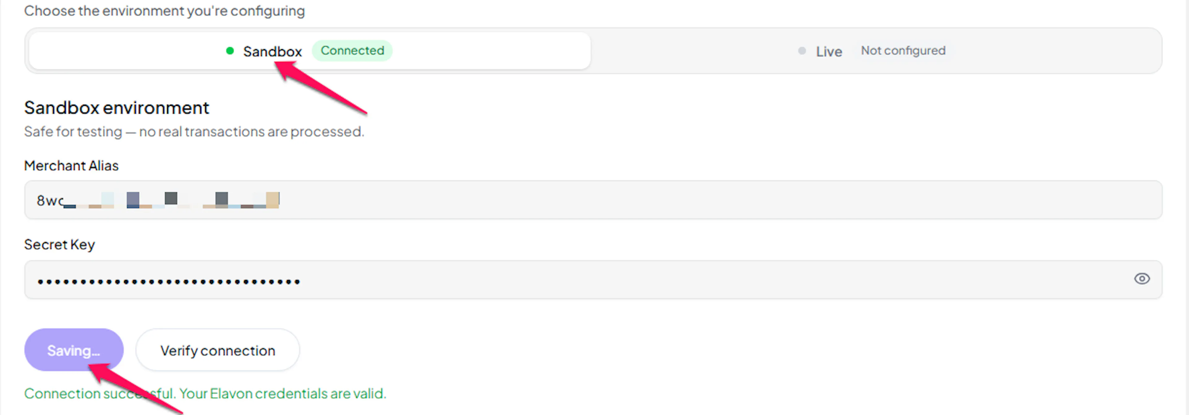 Test Connection and Save Configuration buttons on the Elavon sandbox settings