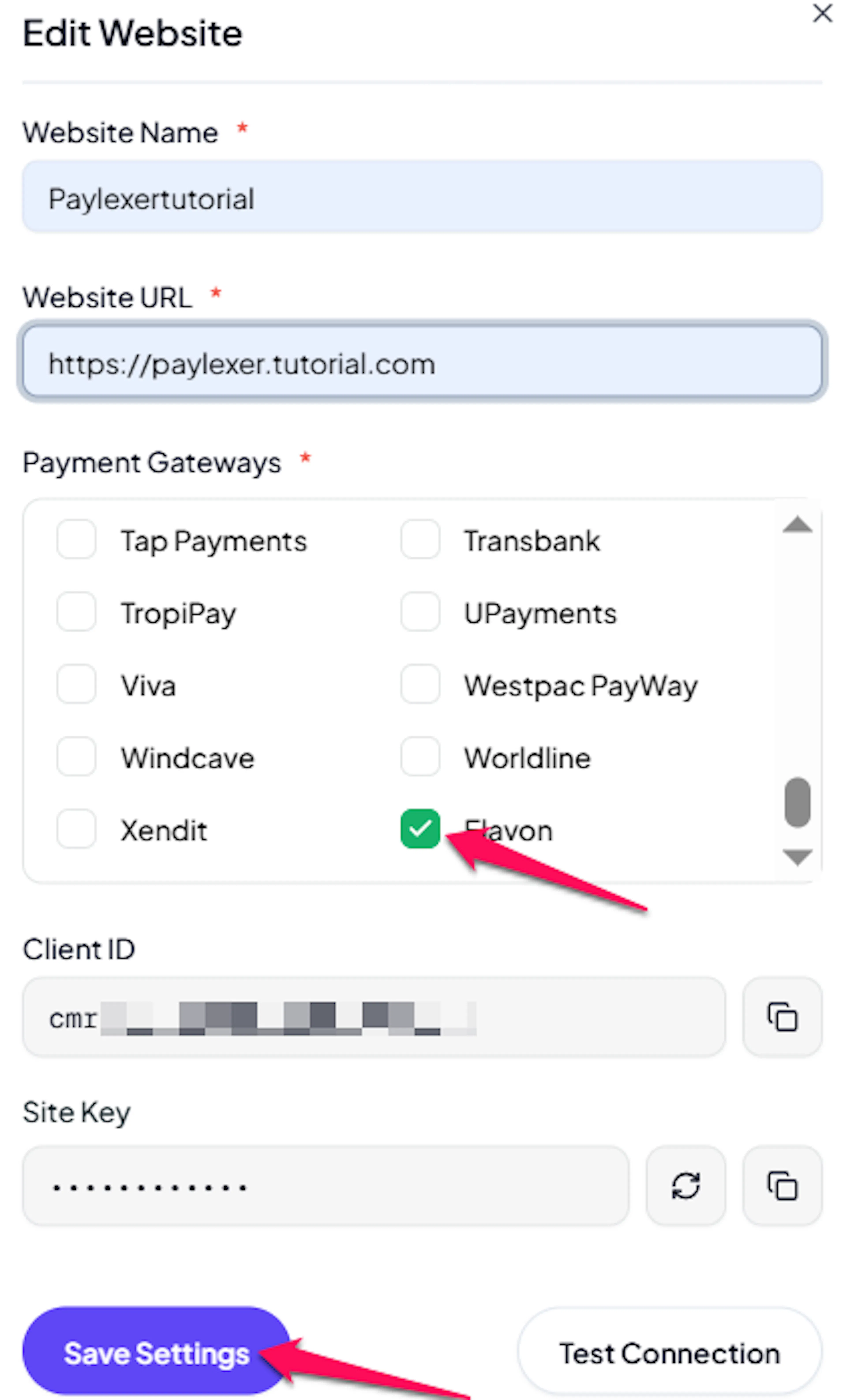 Checkbox to enable Elavon for a website in PayLexer