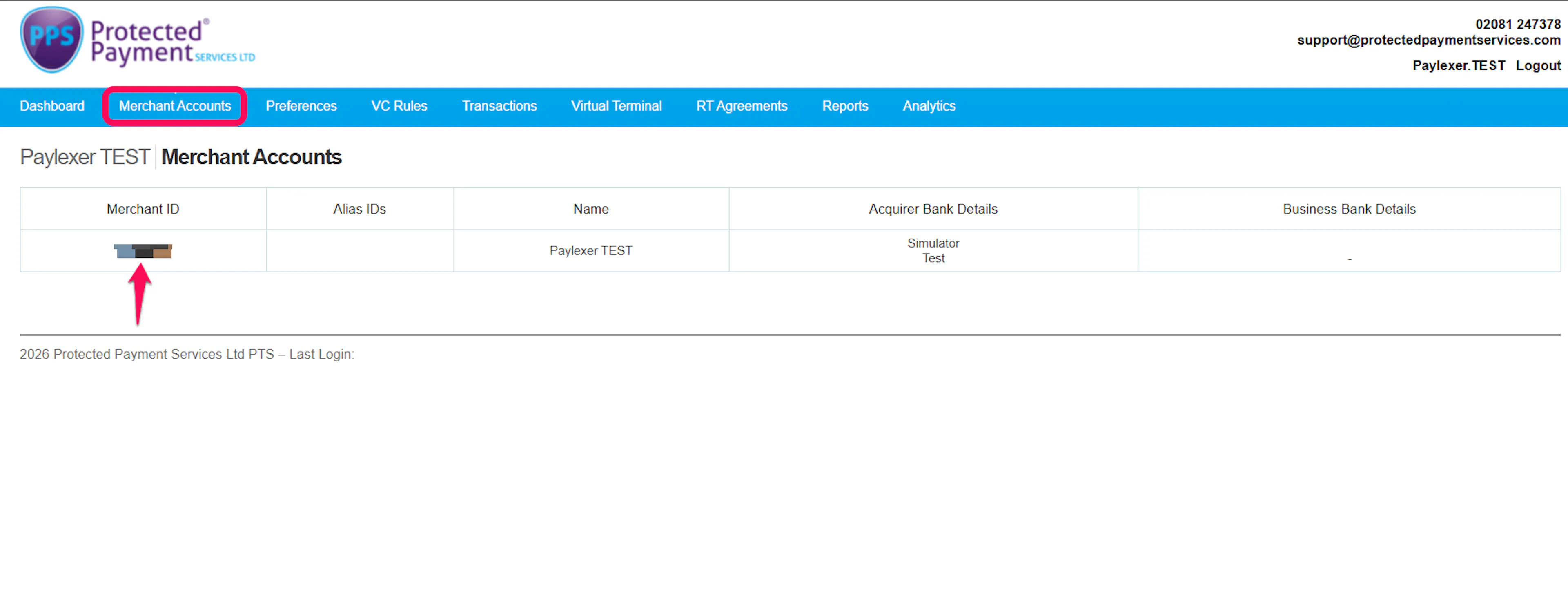 PPS admin portal Merchant Accounts page showing the Merchant ID