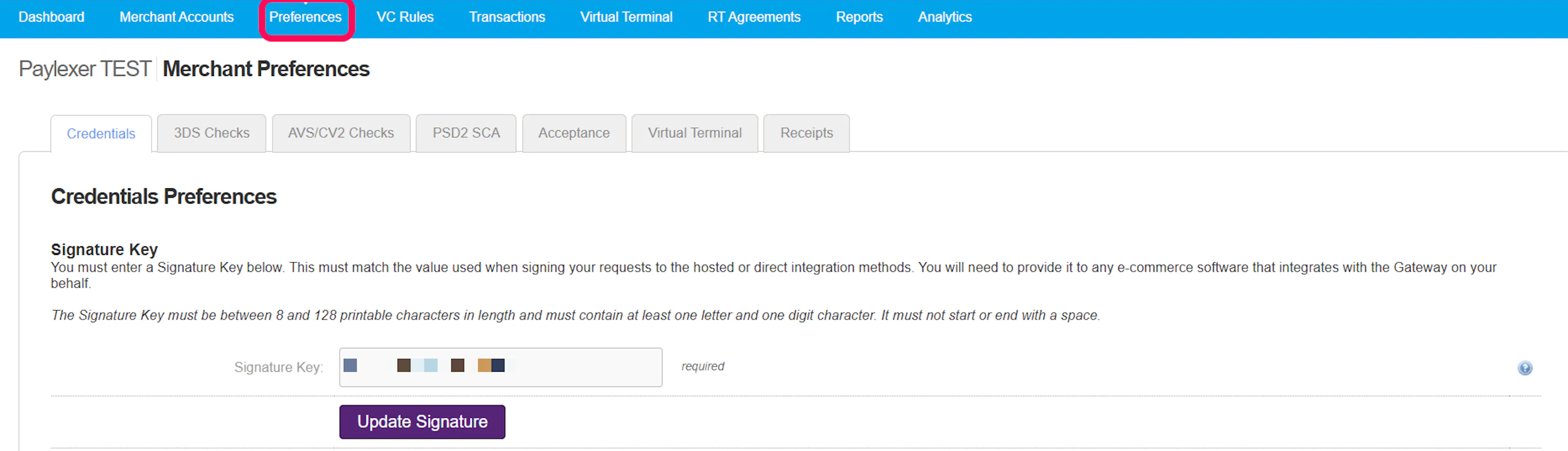 PPS admin portal Preferences and Credentials page showing the Signing Secret