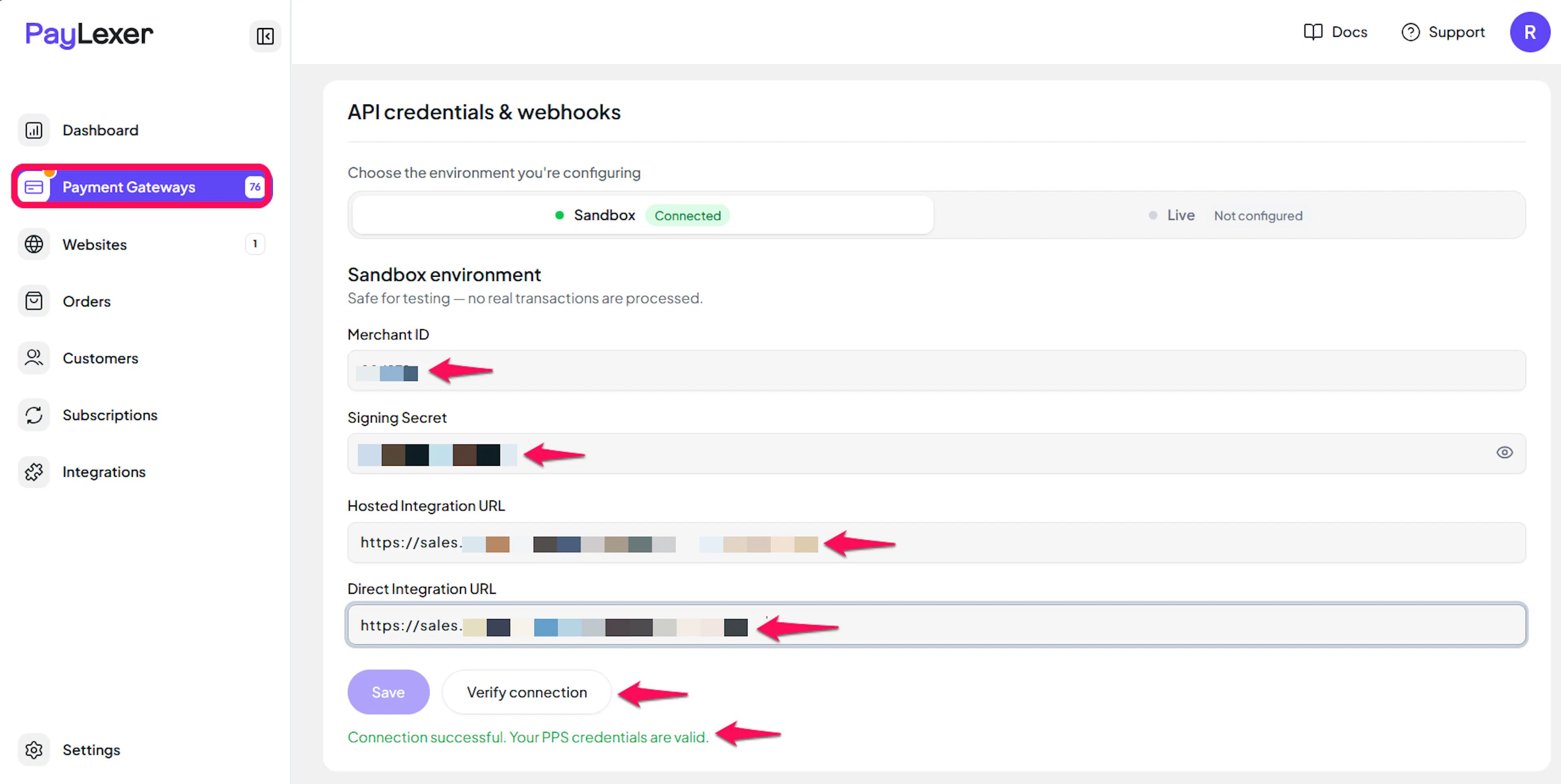 PayLexer PPS configuration form with Merchant ID, Signing Secret, Hosted Integration URL, and Direct Integration URL fields
