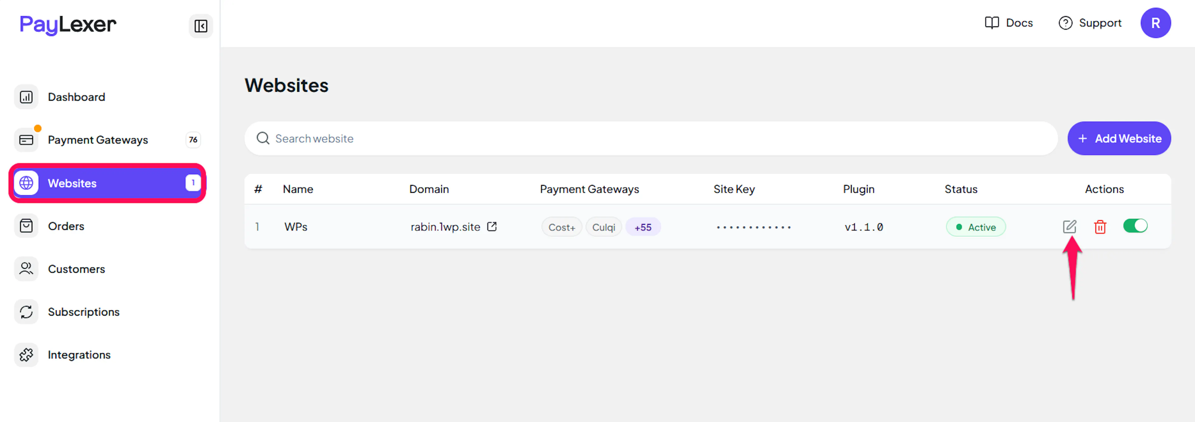PayLexer Websites list with the edit icon for a website highlighted