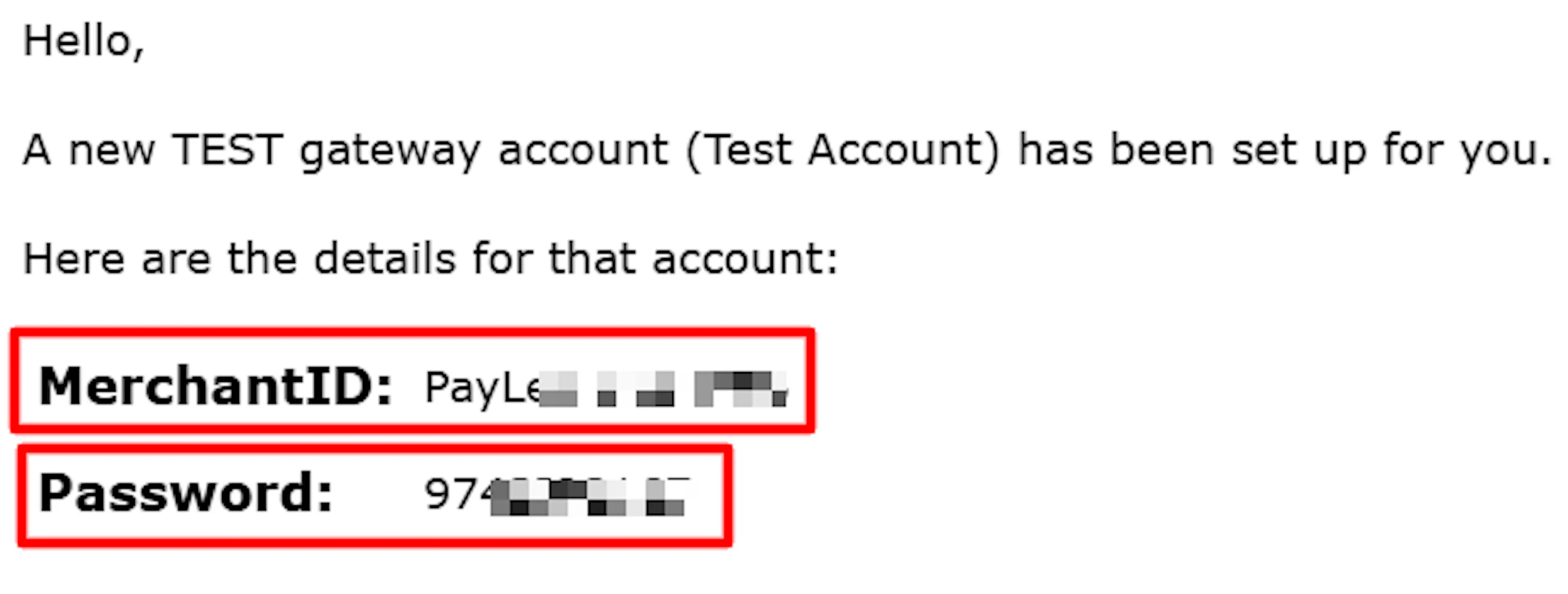 New Gateway Account email from PayVector showing the Merchant ID and Gateway Account Password