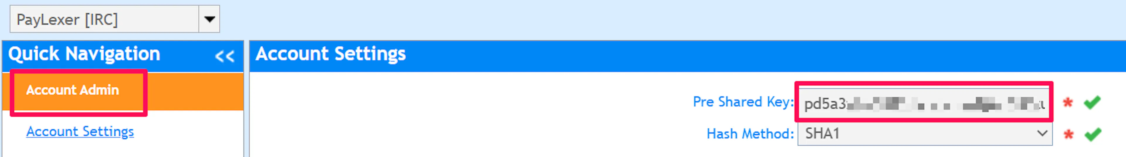 Pre-Shared Key shown under Account Admin in the PayVector MMS