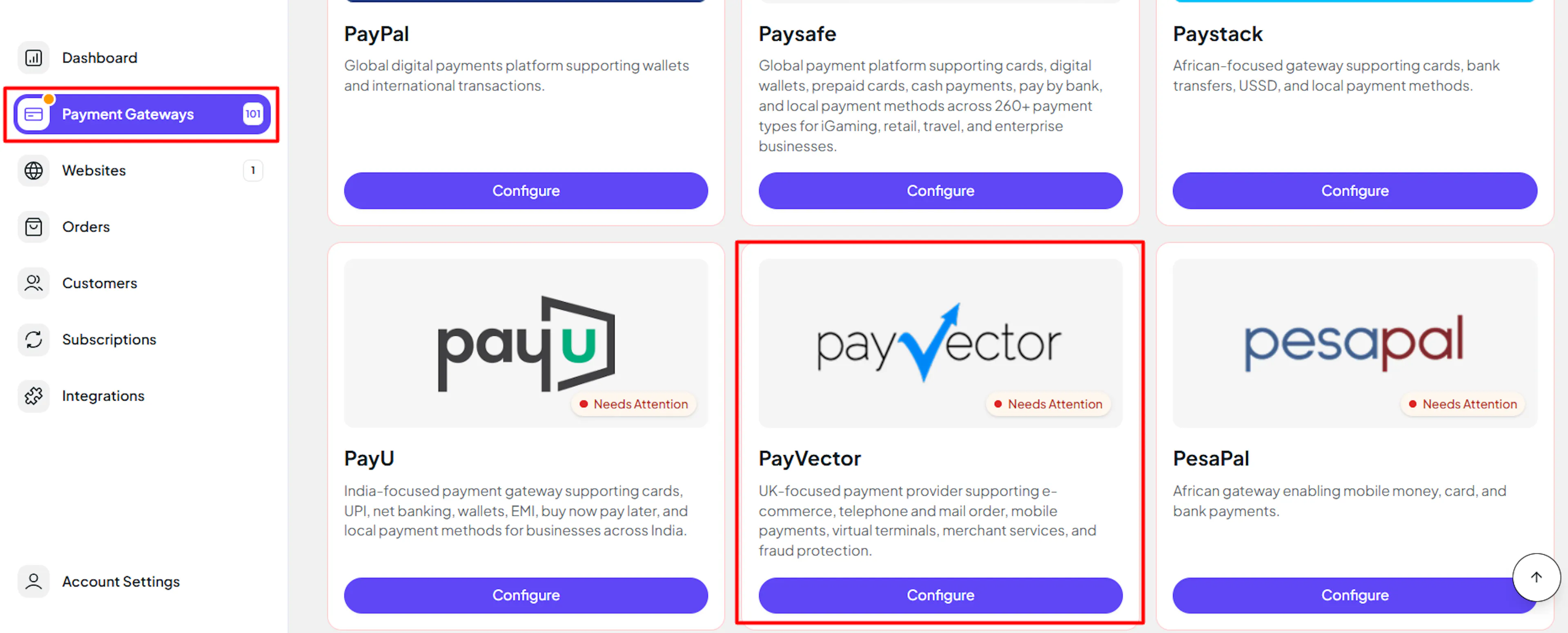 PayLexer dashboard Payment Gateways list with PayVector highlighted