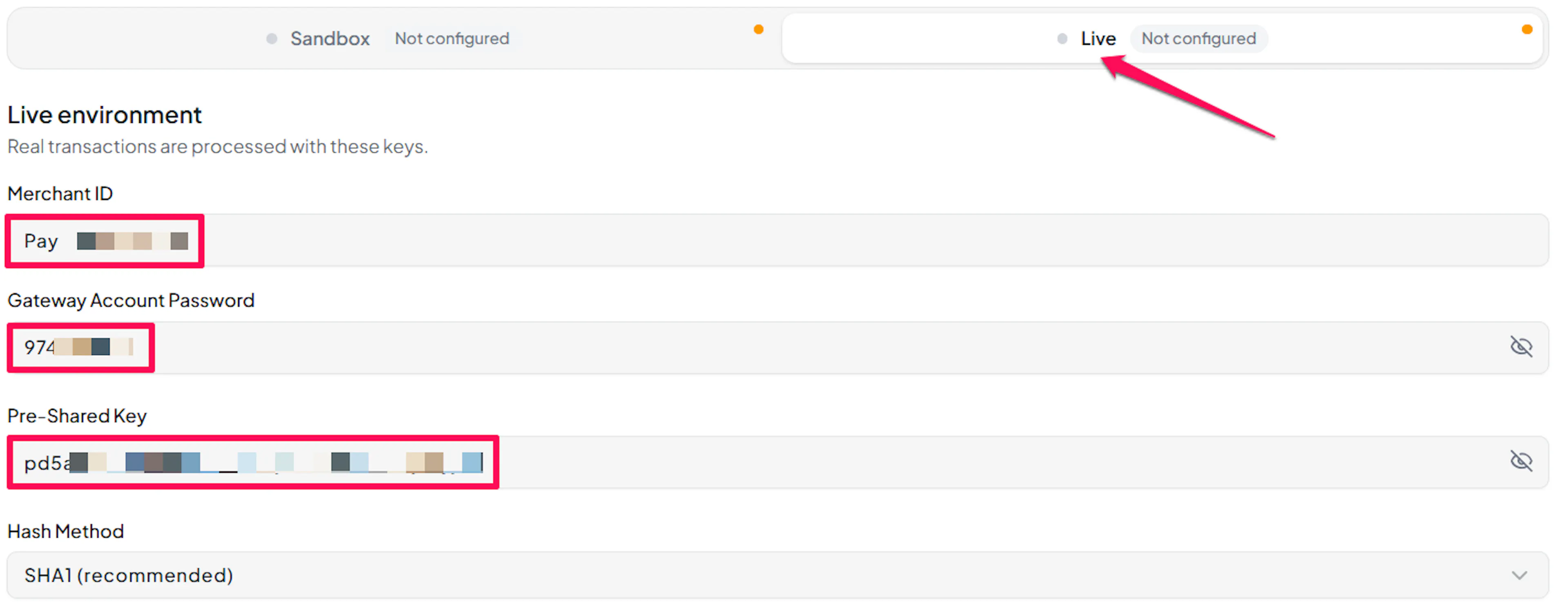 Live credential fields for PayVector in the PayLexer dashboard, including the Hash Method dropdown