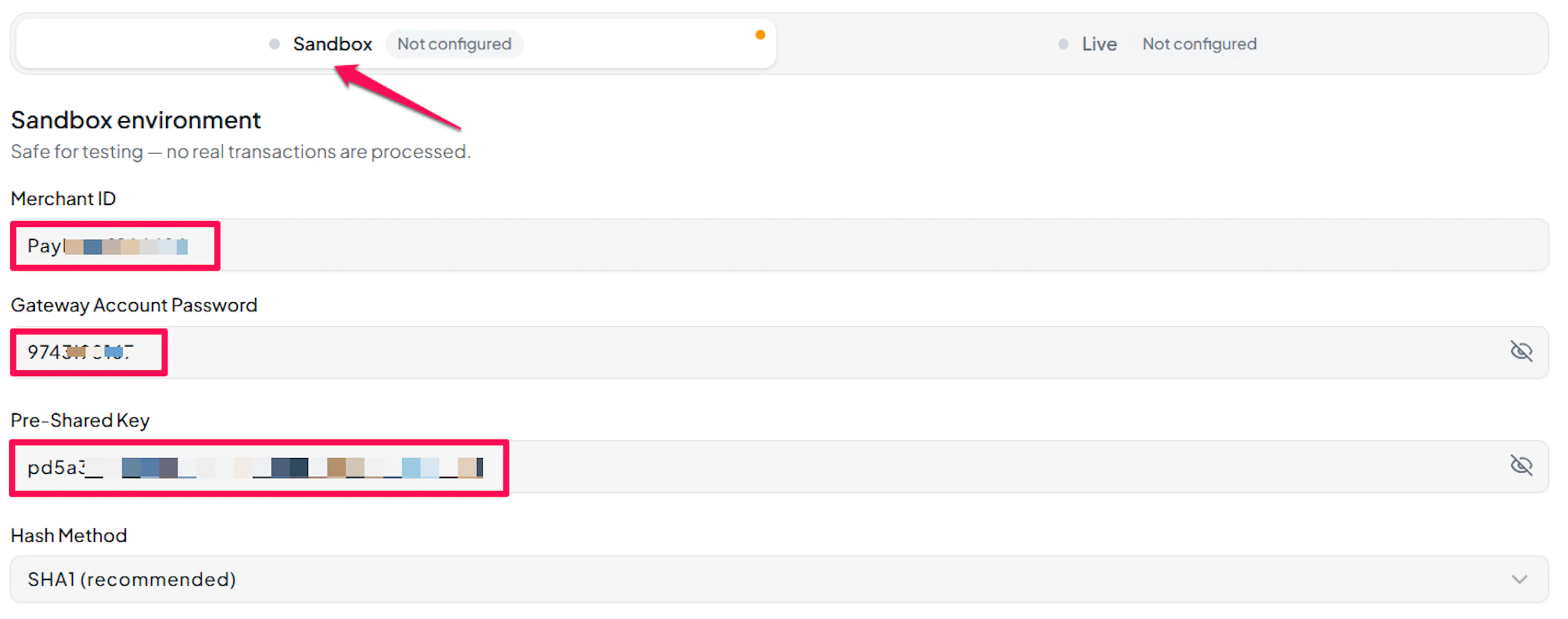Sandbox credential fields for PayVector in the PayLexer dashboard, including the Hash Method dropdown