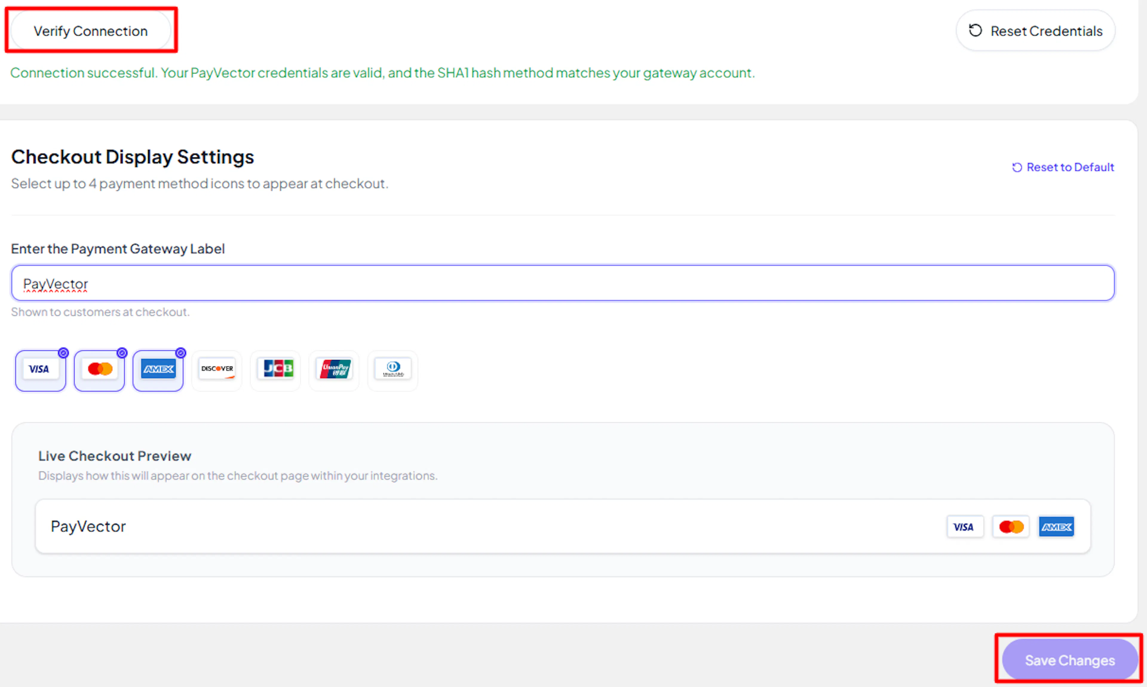 Save and Verify Connection buttons on the PayVector configuration screen in PayLexer