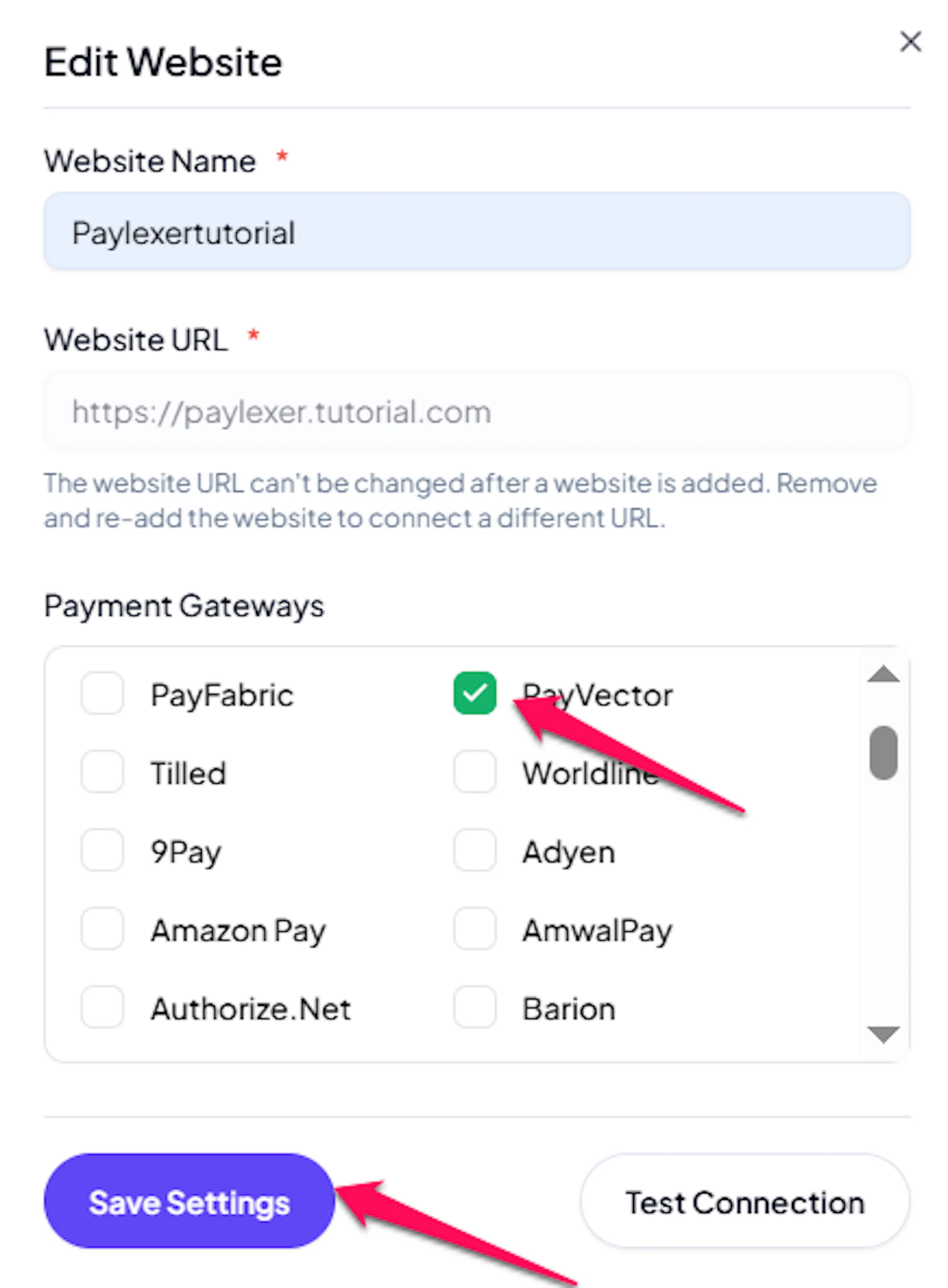 Payment gateway checkboxes for a PayLexer website with PayVector selected