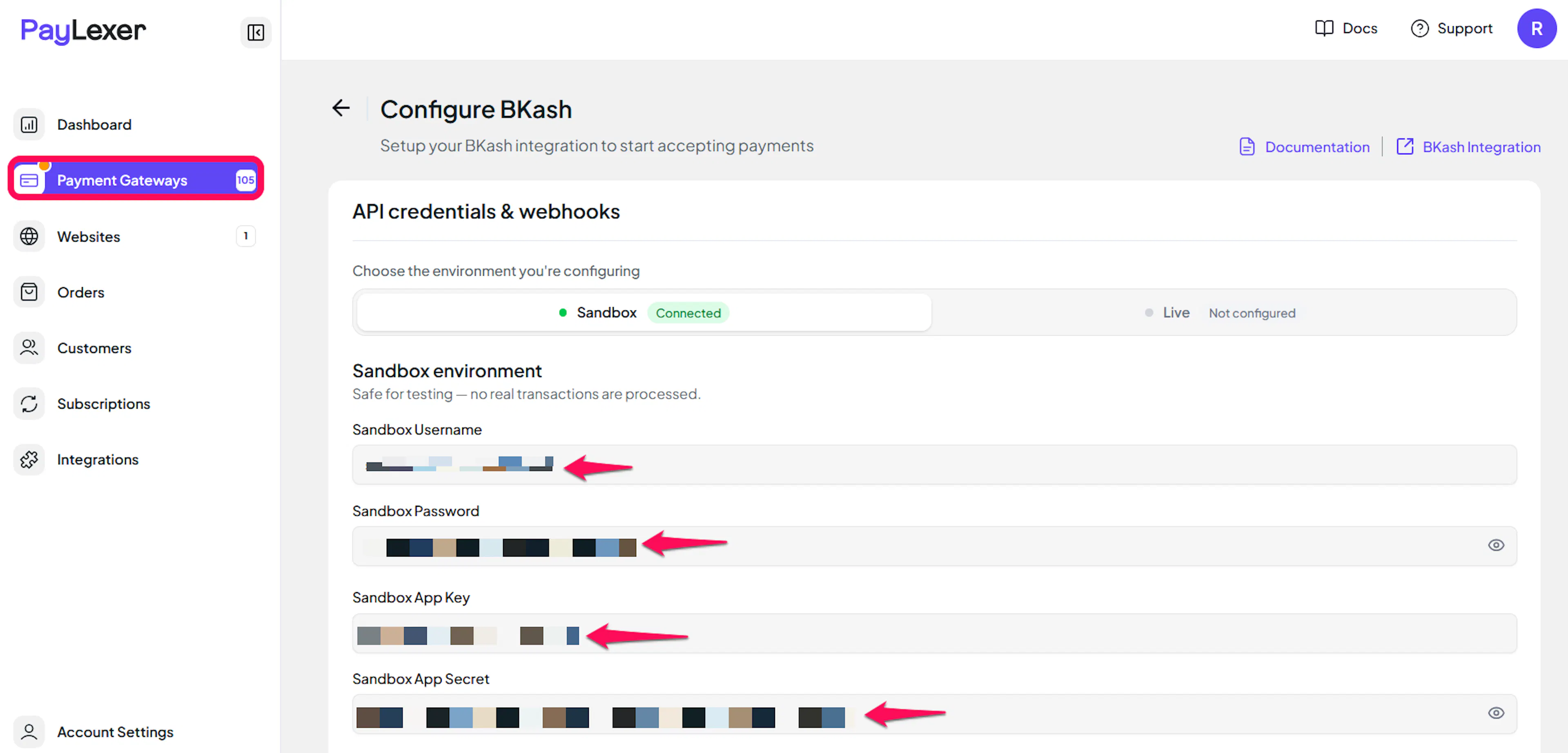 bKash Live and Sandbox credential fields in PayLexer