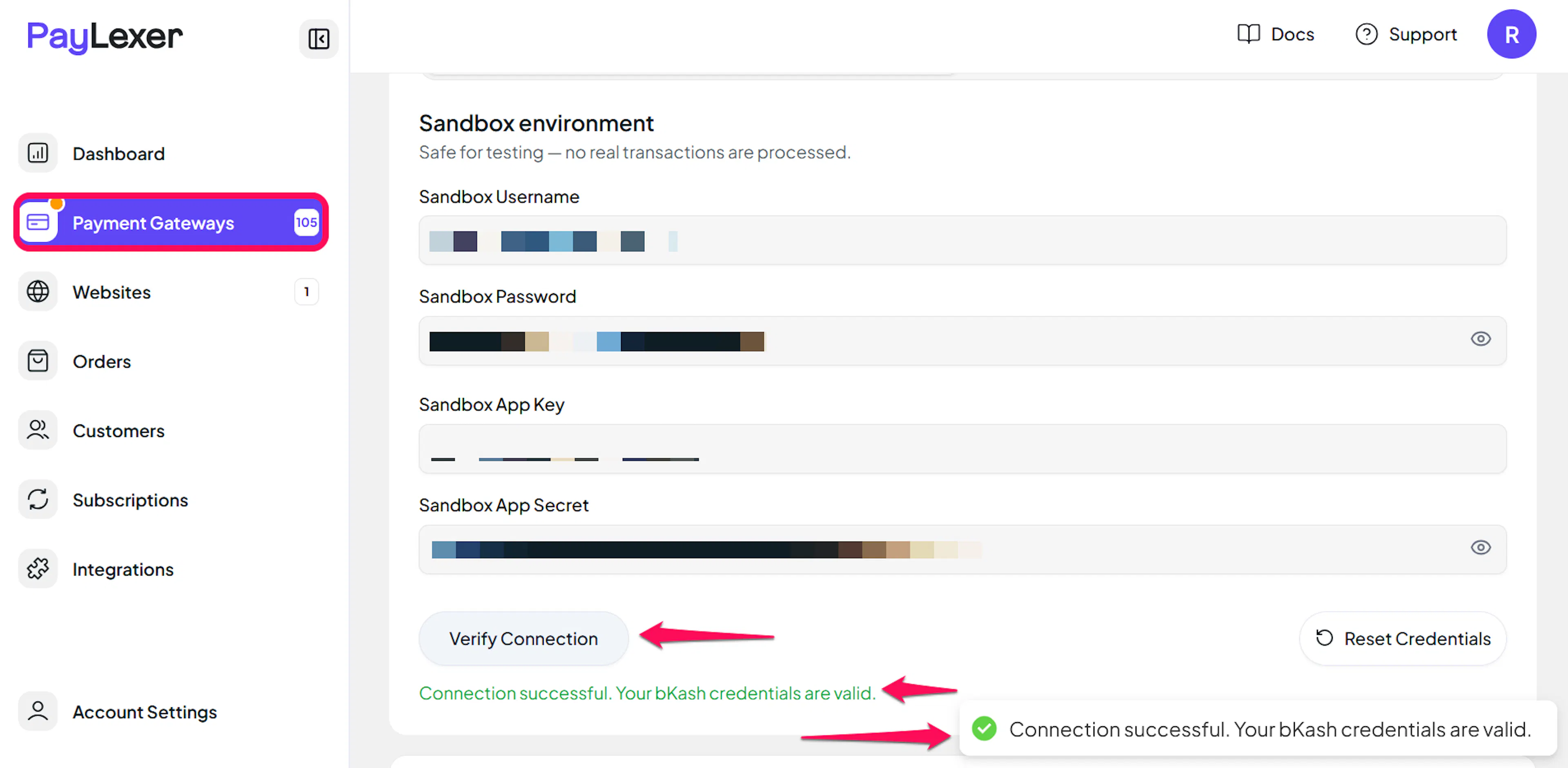 Save and Verify Connection buttons on the bKash settings page