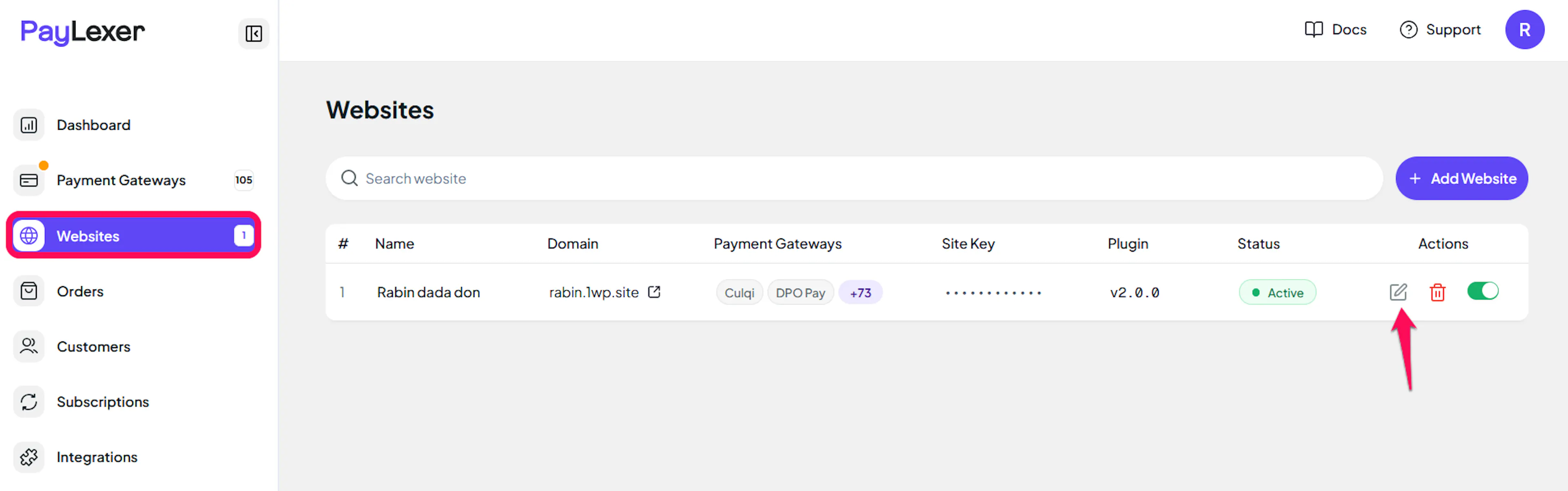 Edit icon on an added website in the PayLexer Websites list