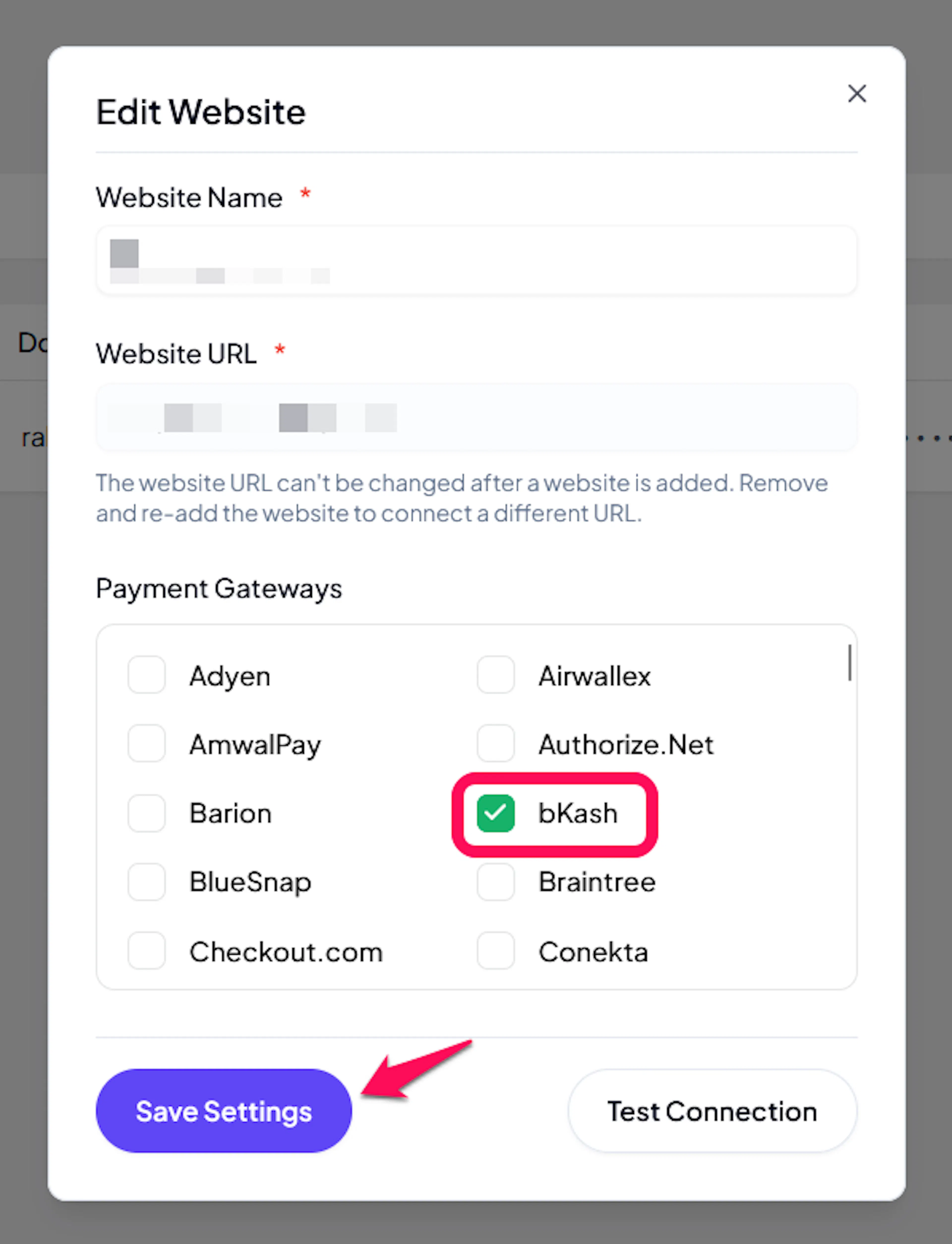 bKash checkbox in the website's payment gateway list