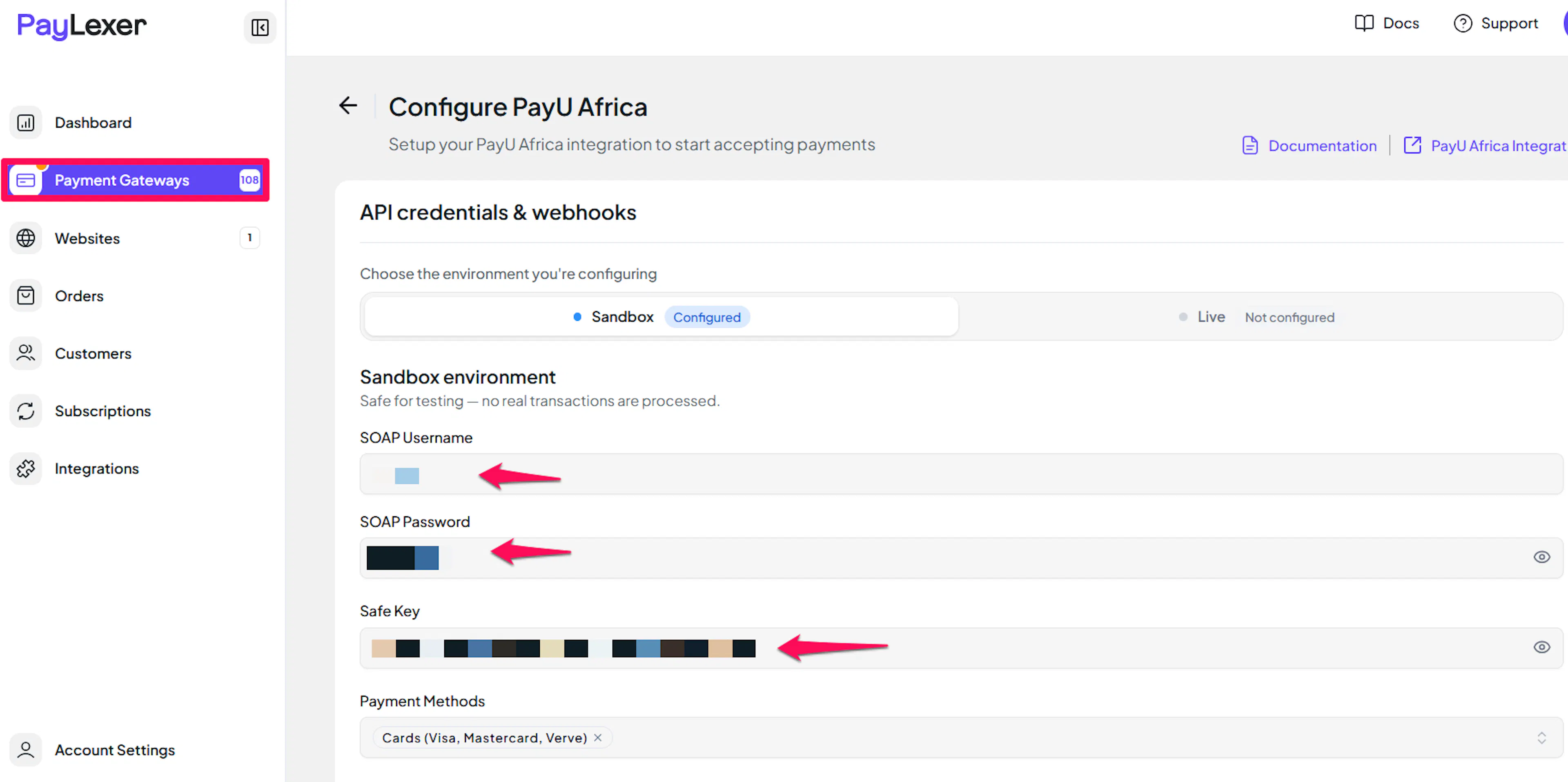 PayU Africa credential fields in PayLexer