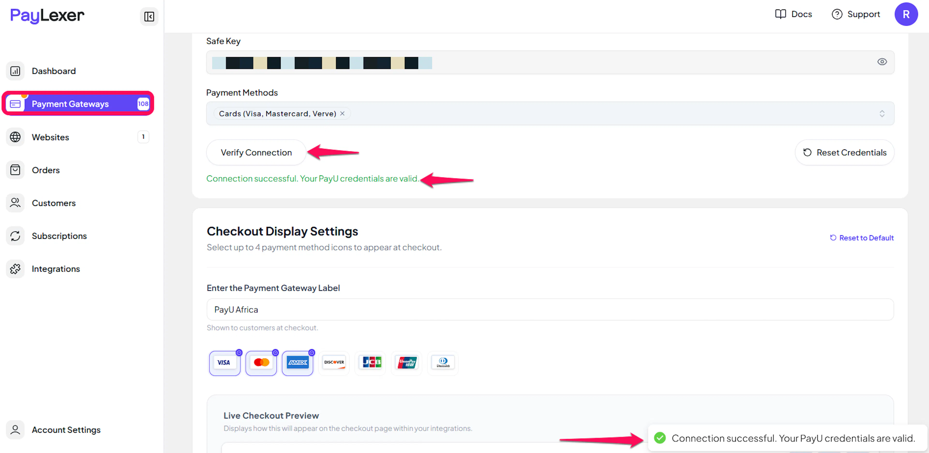 Save Changes and Verify Connection buttons for PayU Africa