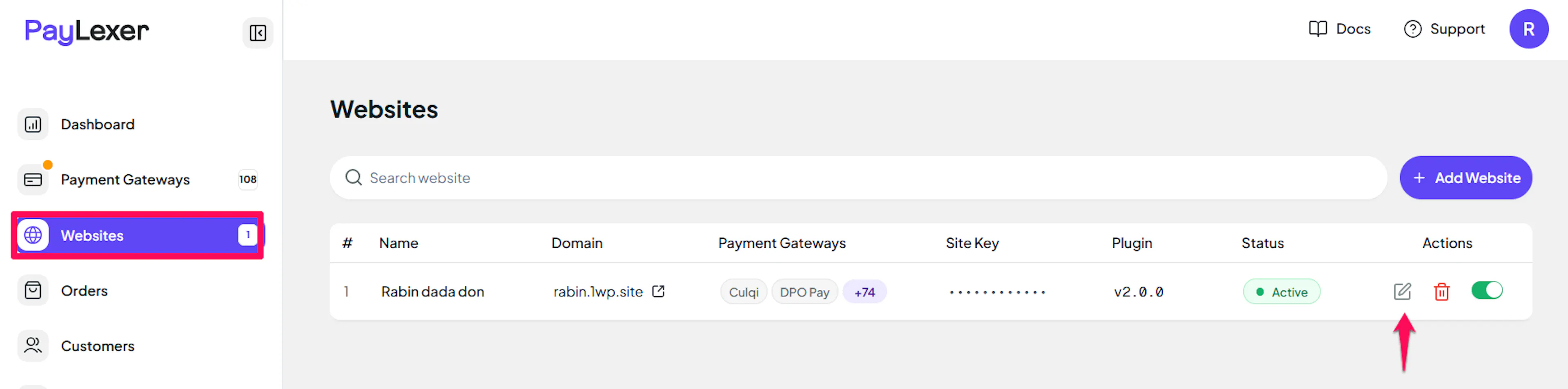 Edit icon for a website in the PayLexer Websites list