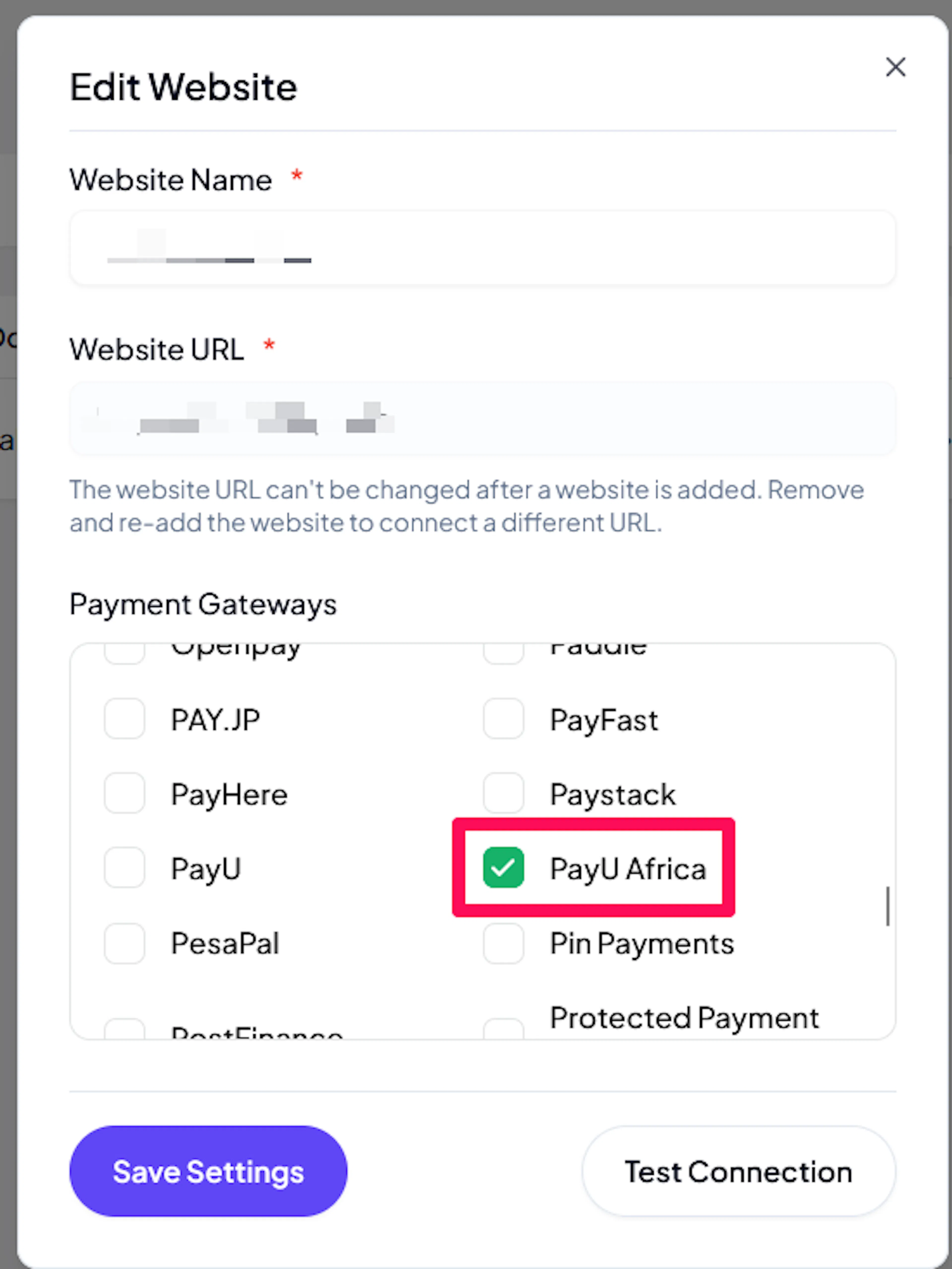 PayU Africa checkbox in the website's payment gateway settings