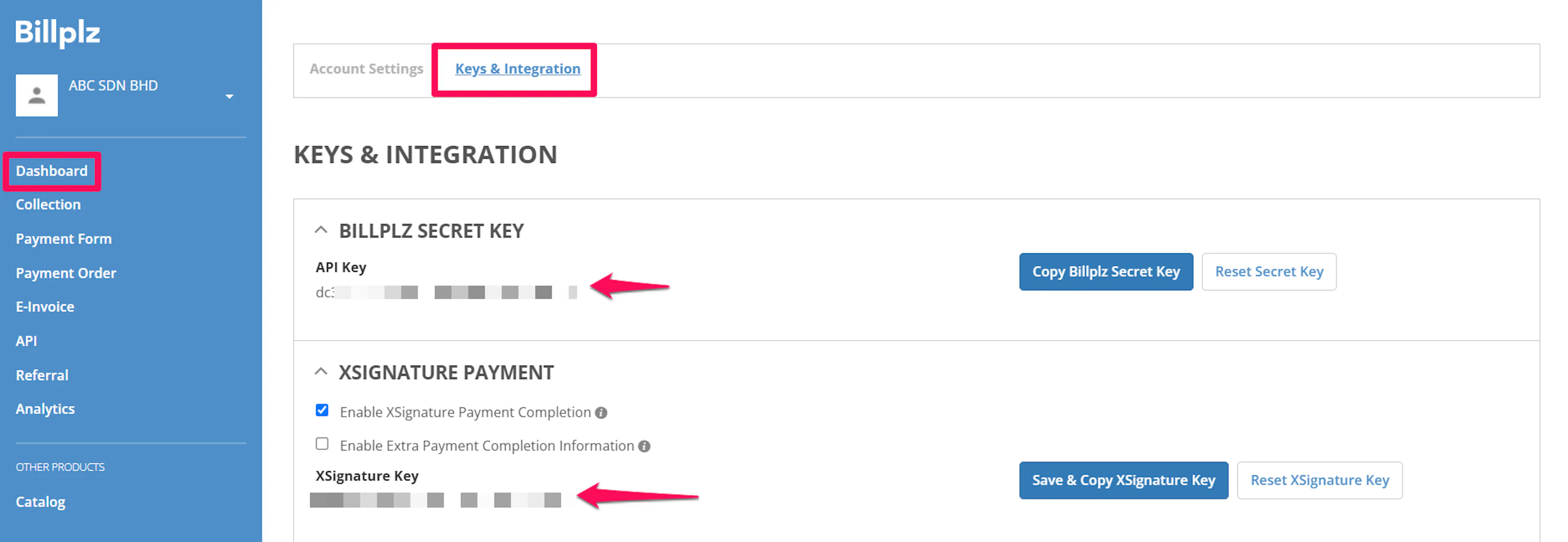 API Secret Key and X Signature Key on the Billplz Keys & Integration page