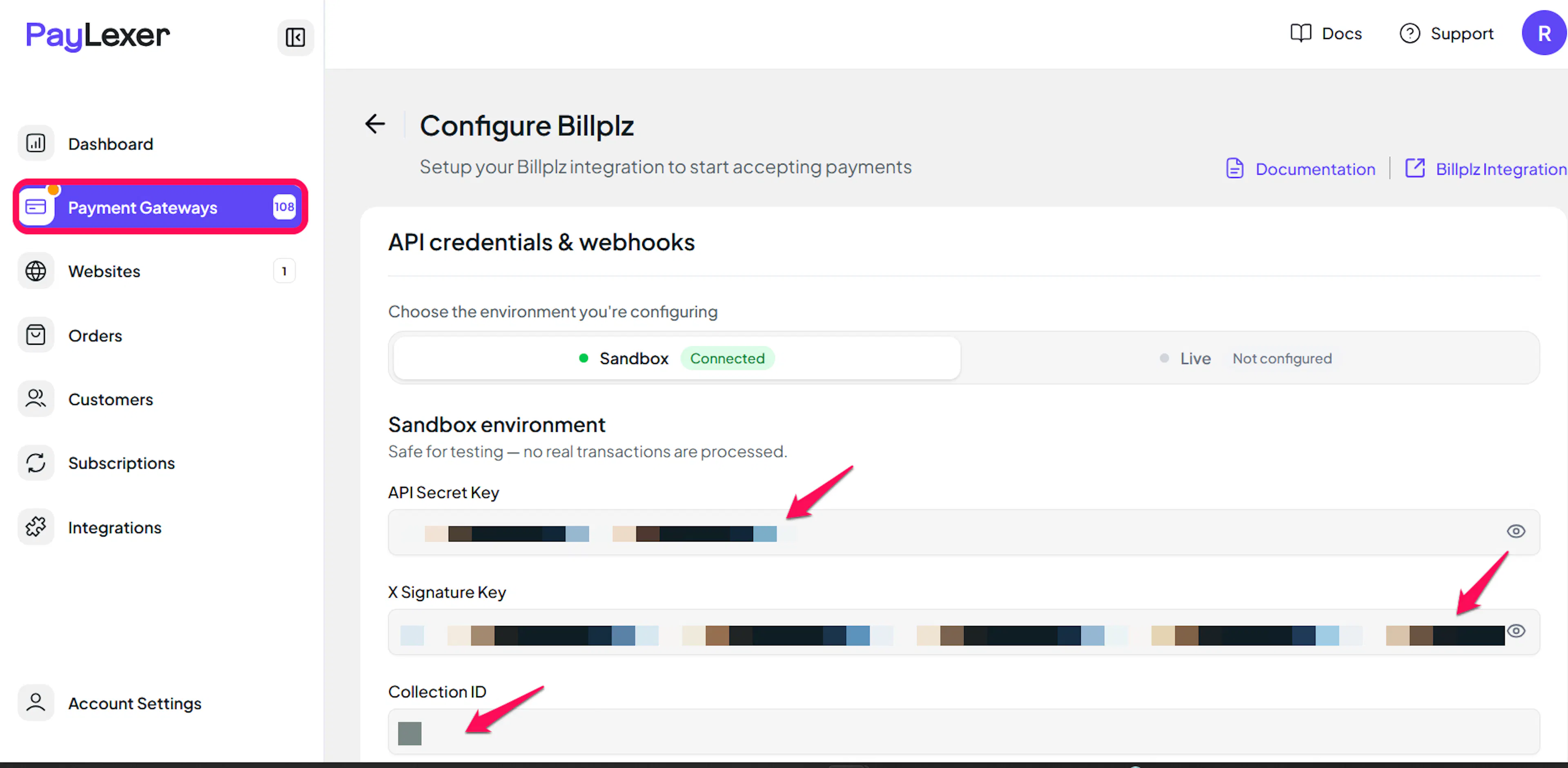 Billplz Live and Sandbox credential fields in PayLexer