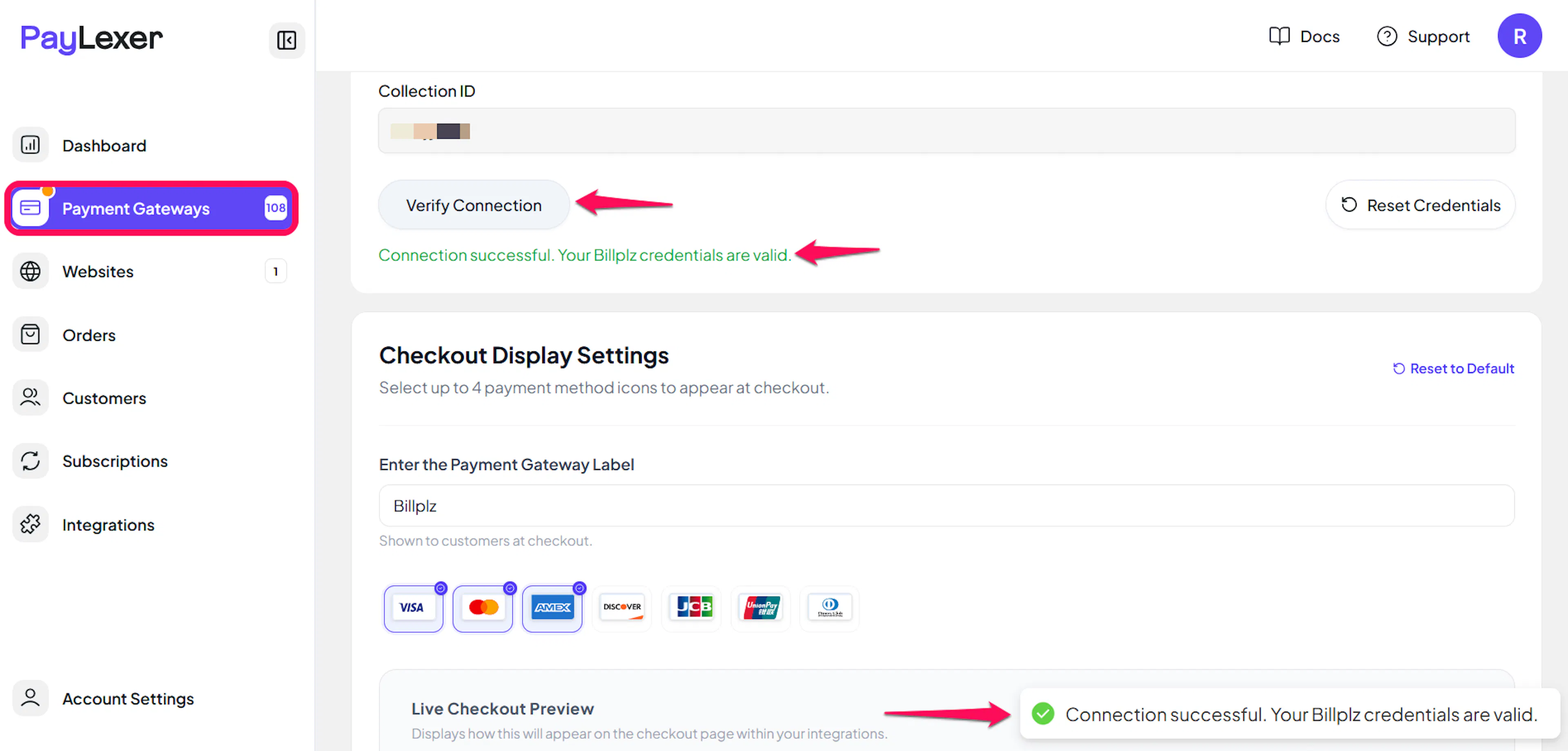 Save and Verify Connection buttons on the Billplz settings page