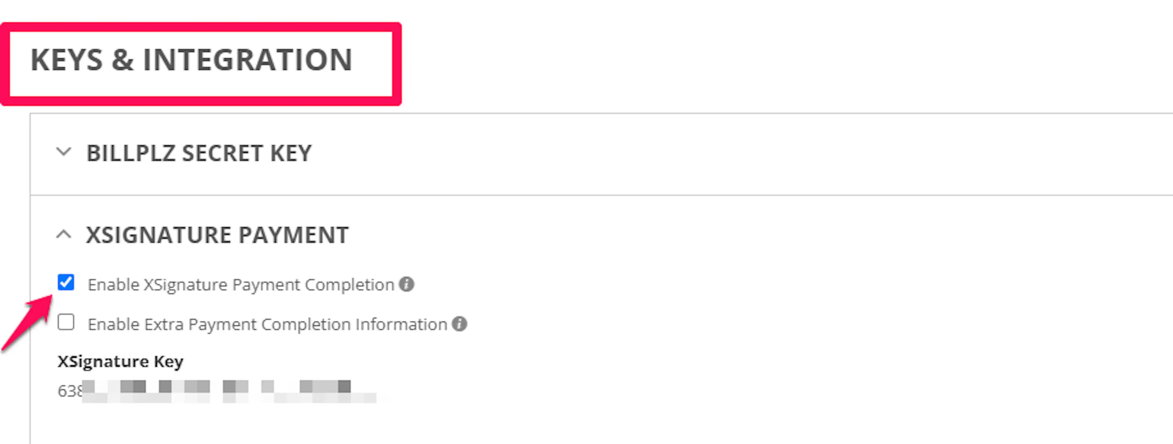 X Signature setting enabled on the Billplz Keys & Integration page