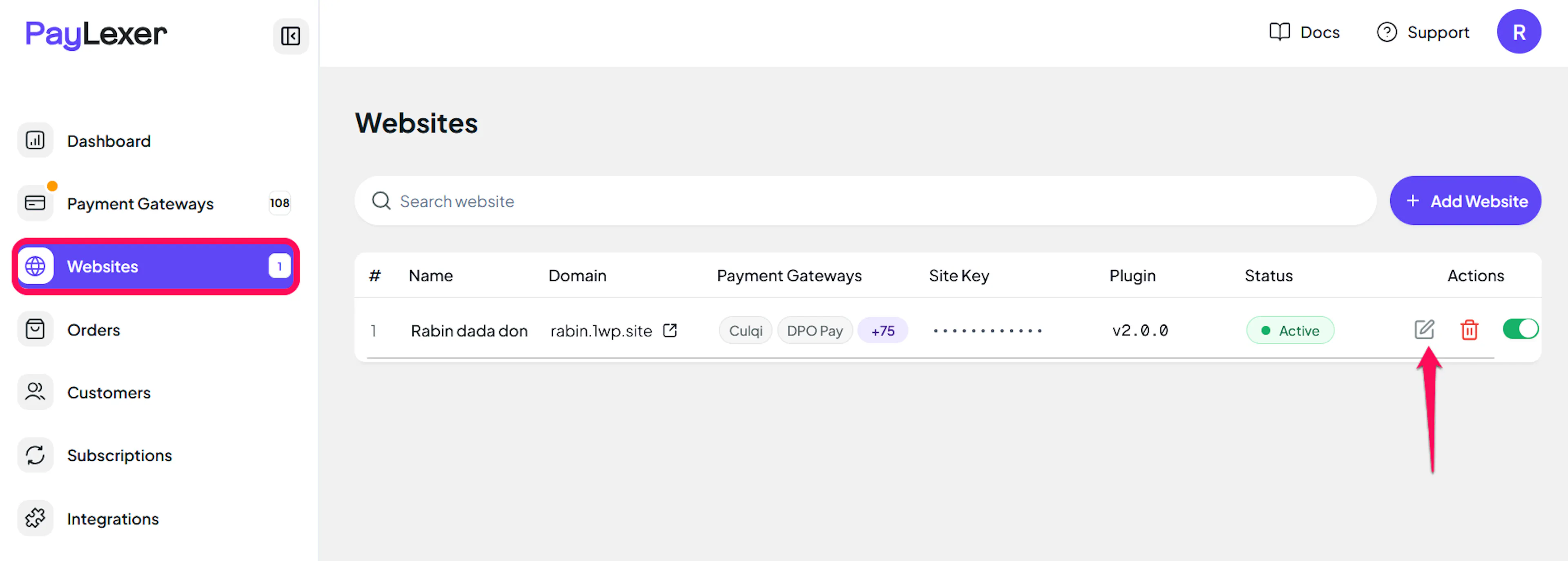 Edit icon on an added website in the PayLexer Websites list