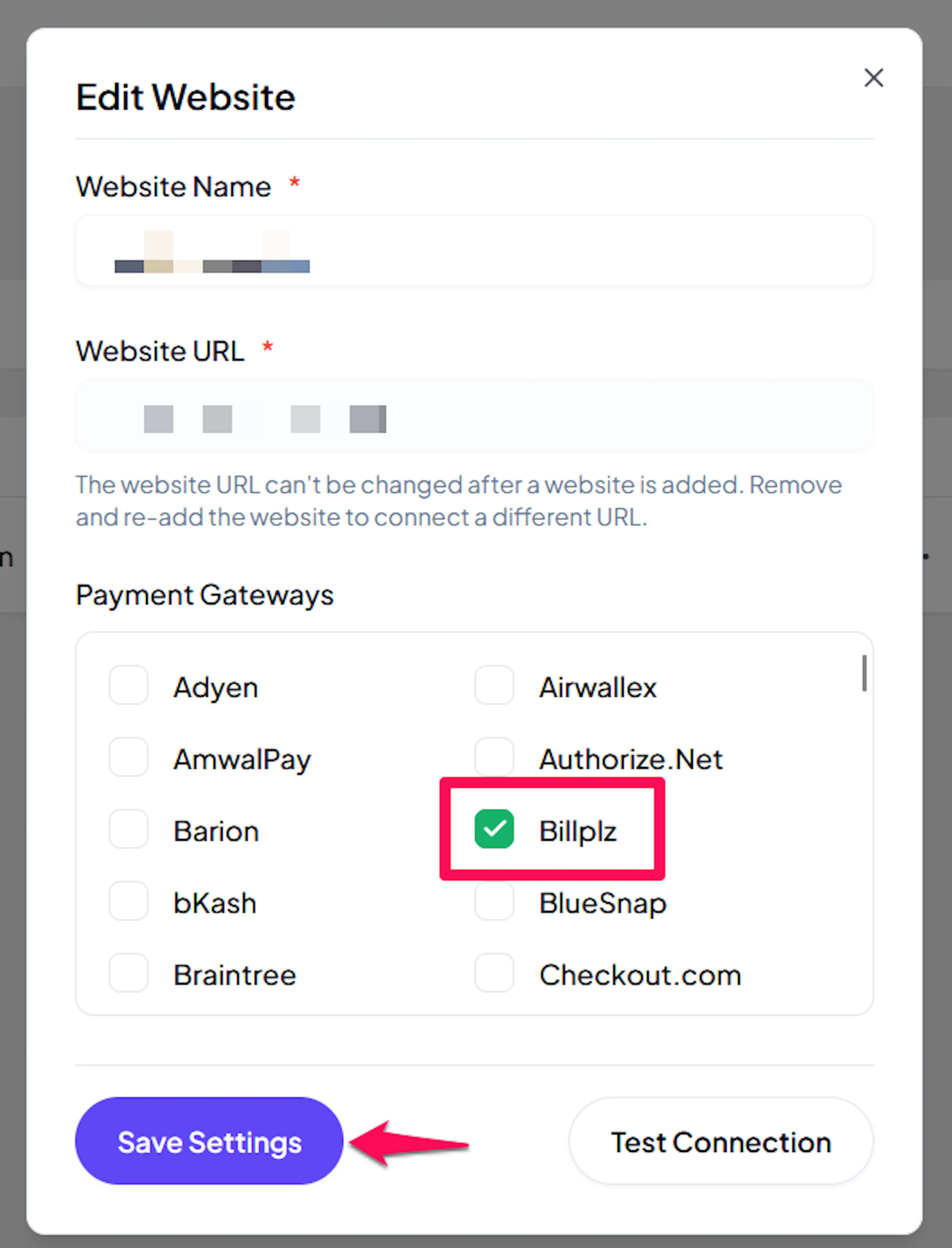Billplz checkbox in the website's payment gateway list