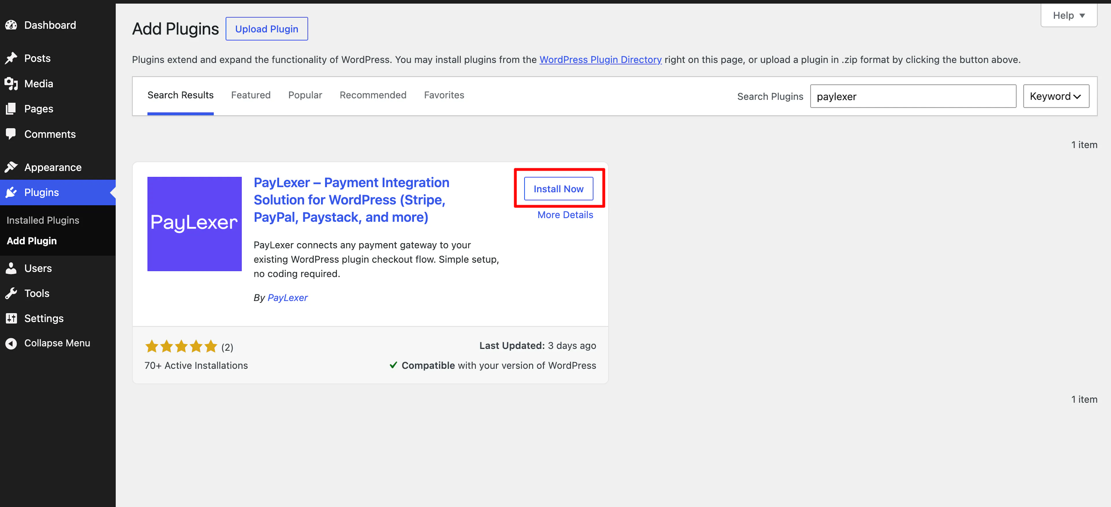 WordPress Add Plugins page with the PayLexer plugin in the search results