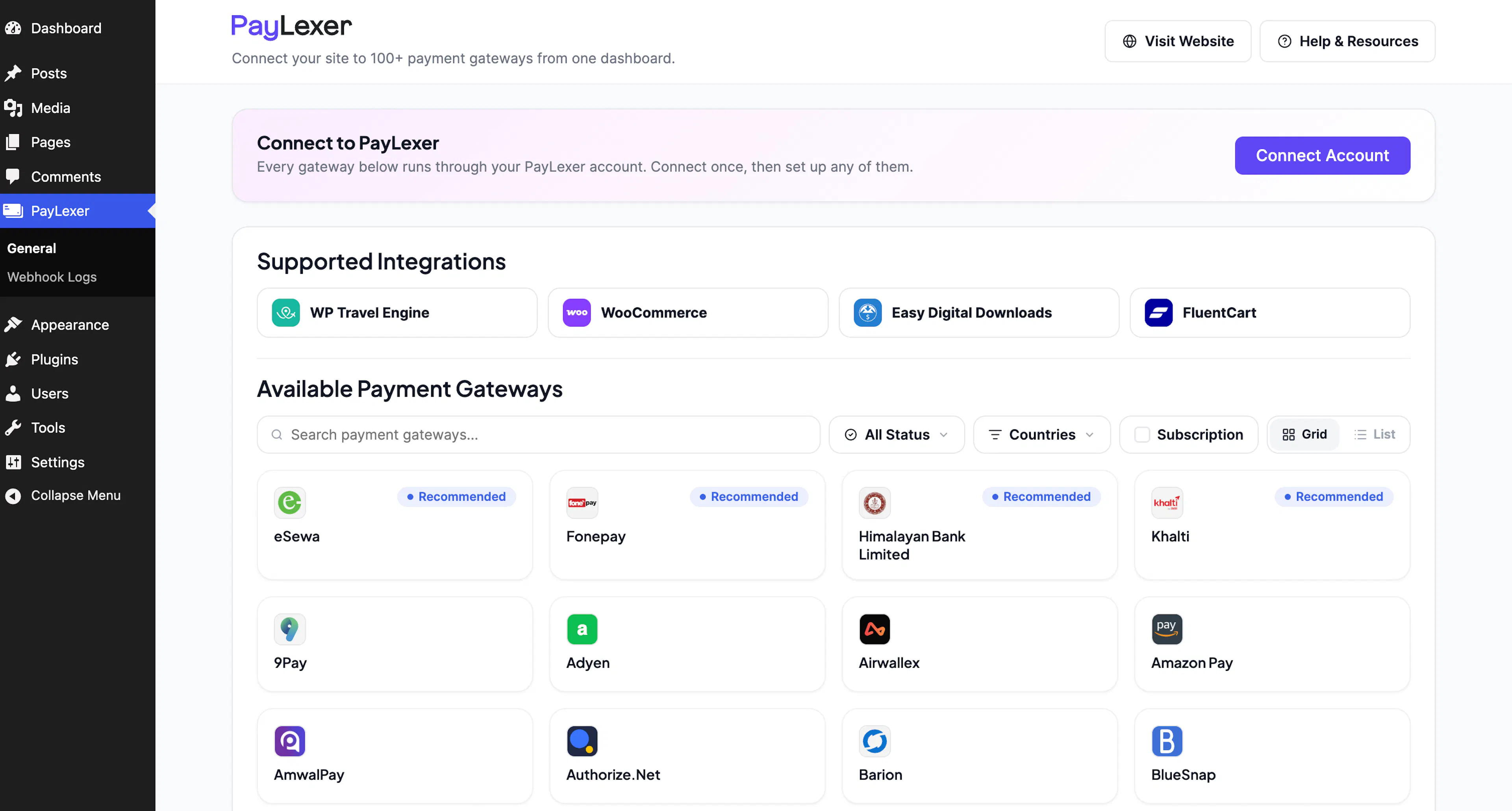PayLexer General page in WordPress showing the Connect to PayLexer card and Connect Account button