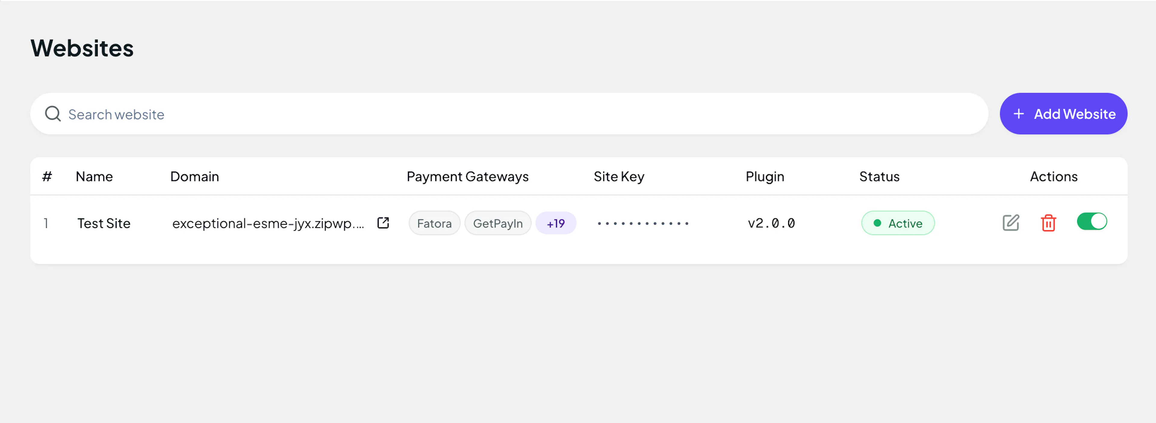 PayLexer Websites table showing the WordPress site with Connected status