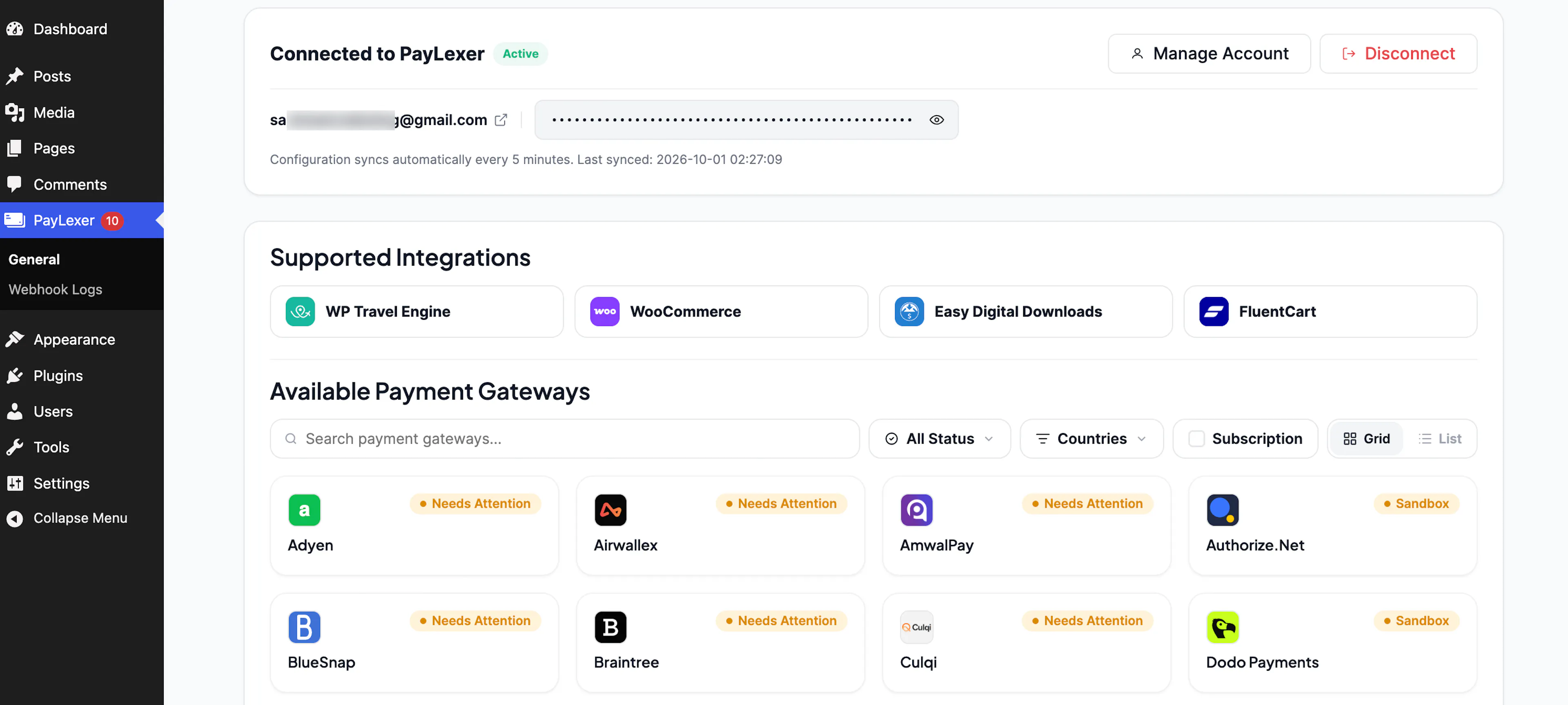Connected to PayLexer card in WordPress showing Active status and the connected account email