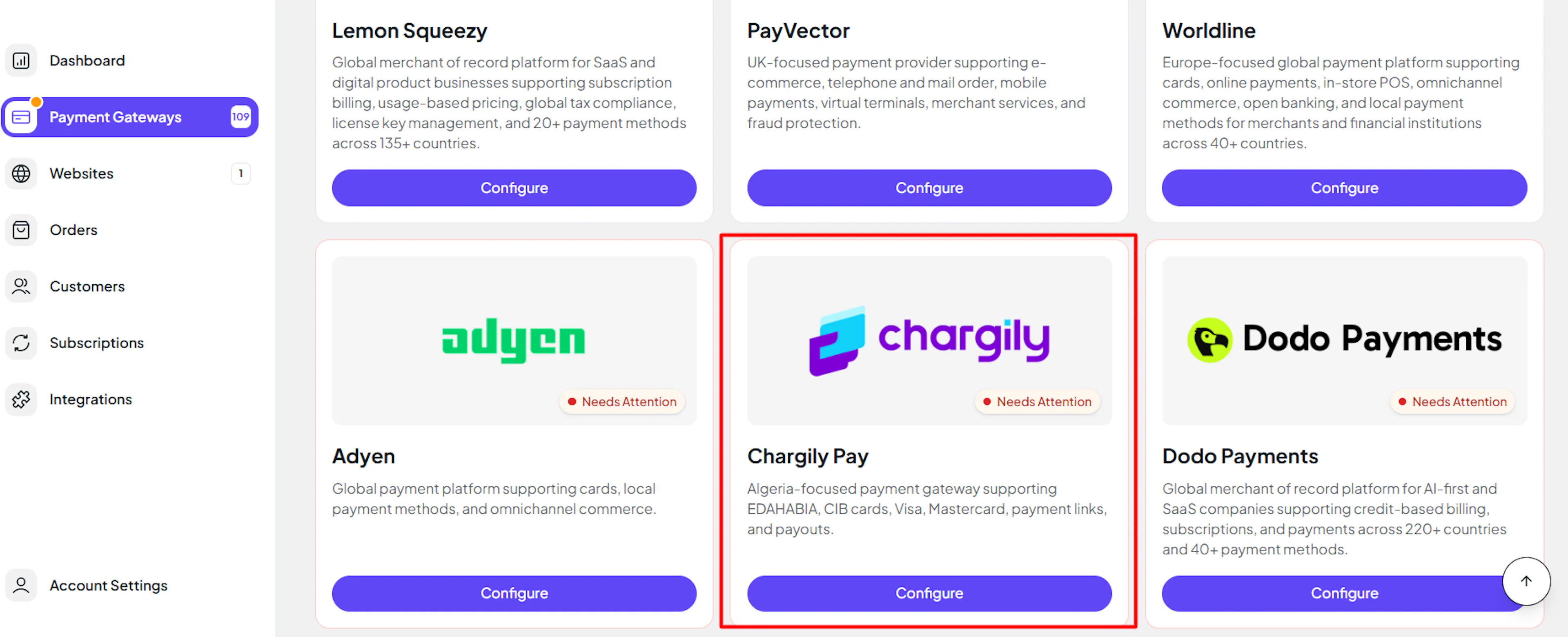 PayLexer Payment Gateways list with Chargily Pay highlighted