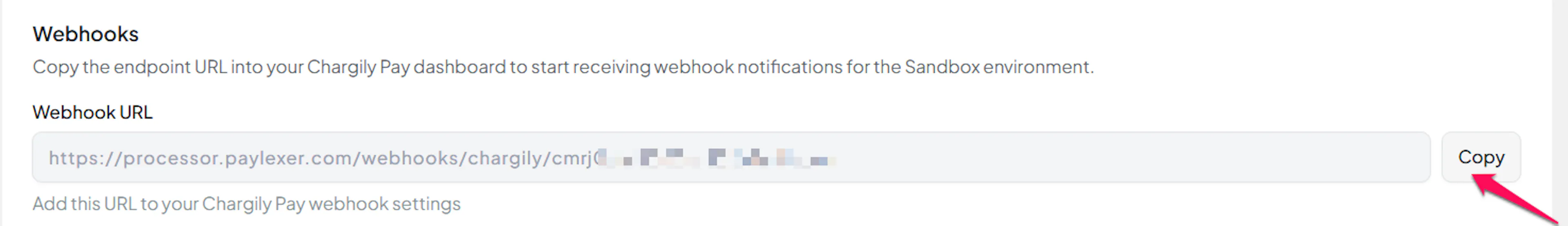 Chargily Pay Webhook URL in PayLexer with a copy button