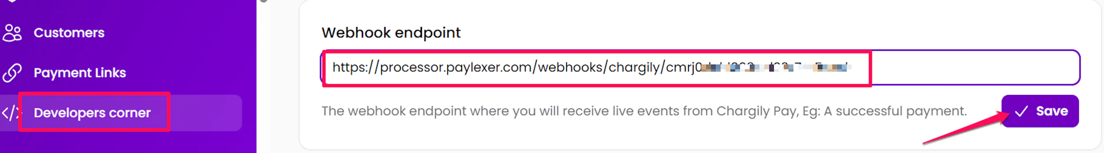 Webhook URL field in the Chargily Pay Developers Corner