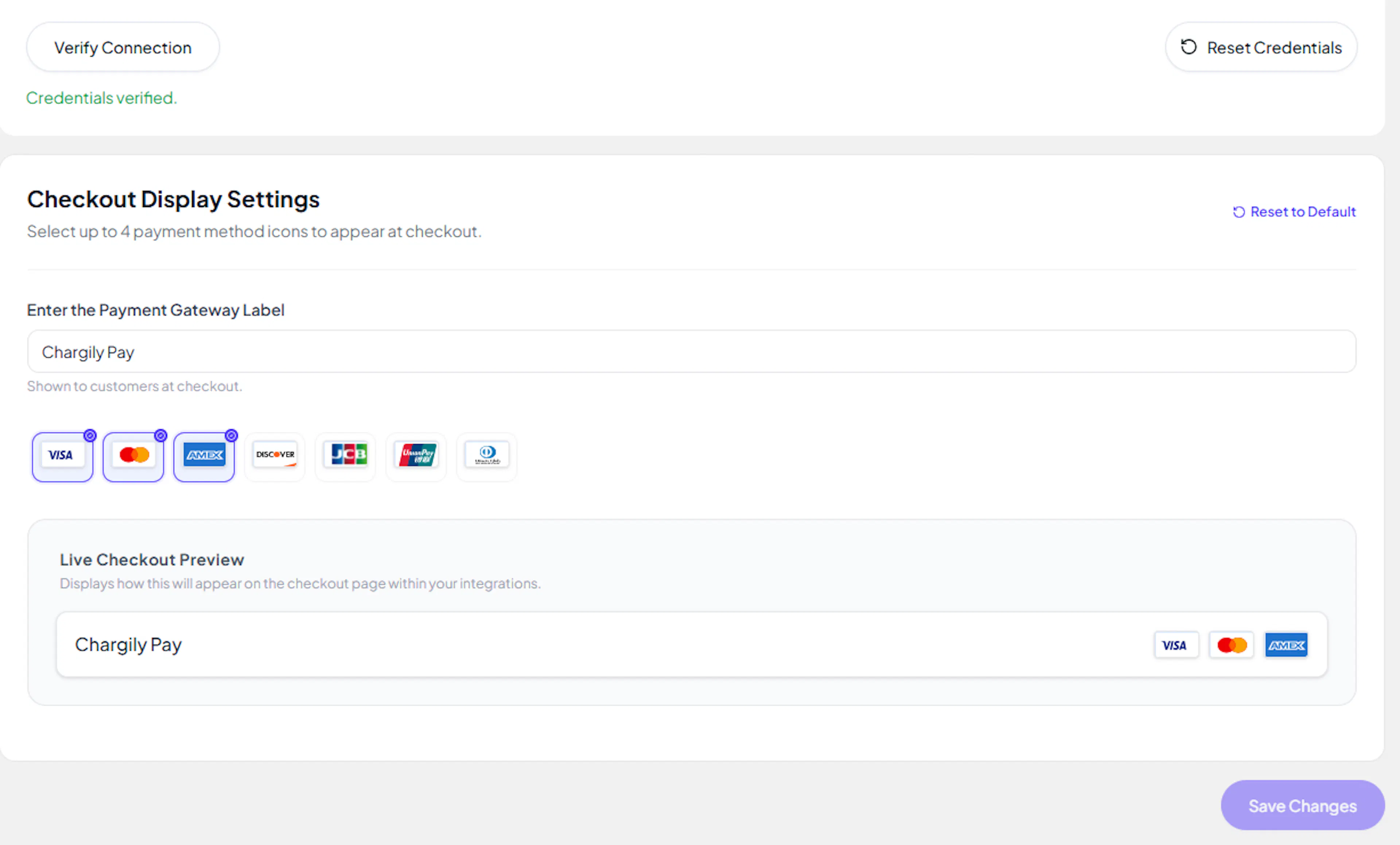 Save and Verify Connection buttons for Chargily Pay in PayLexer