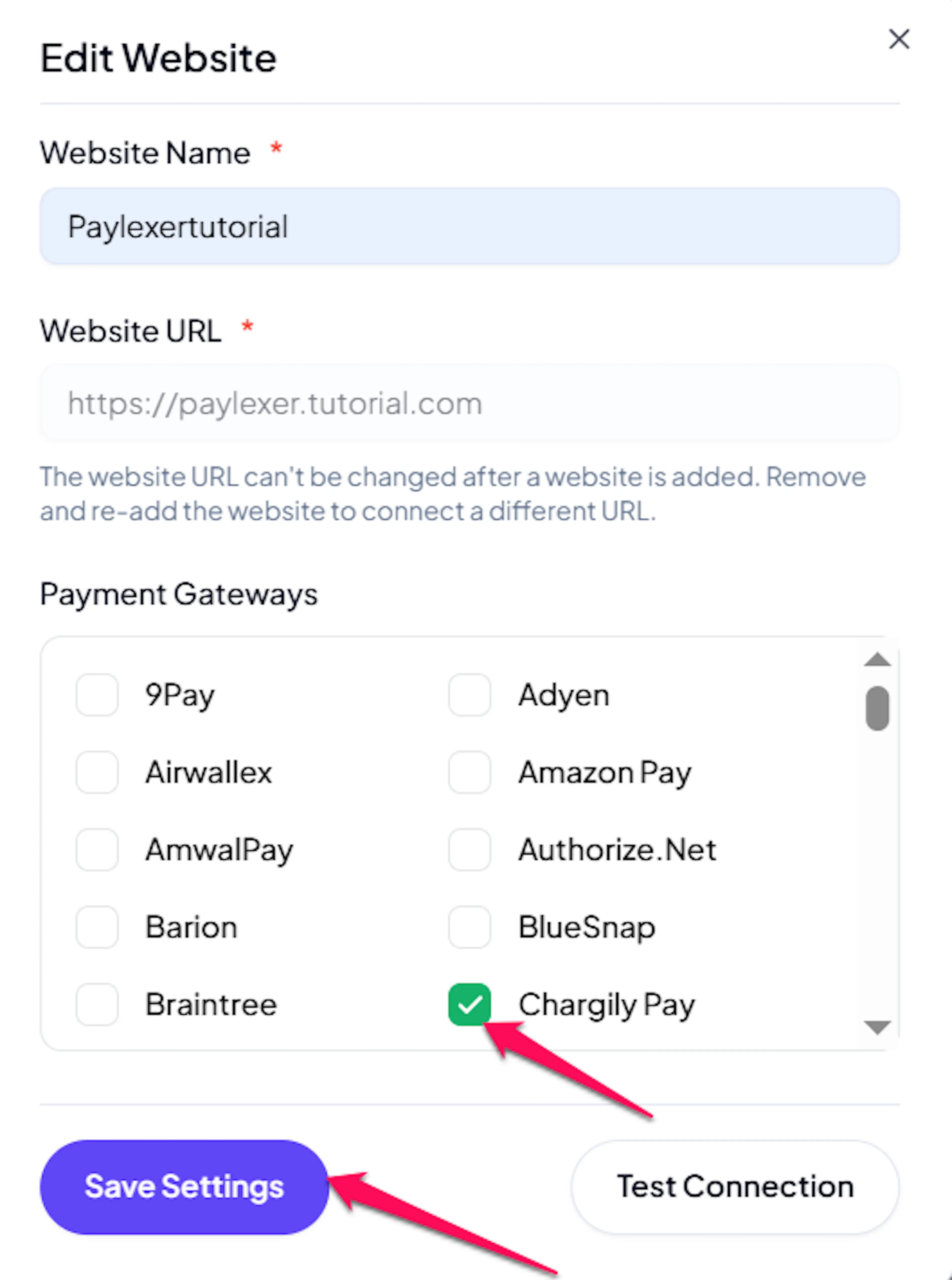 Chargily Pay checkbox enabled for a website