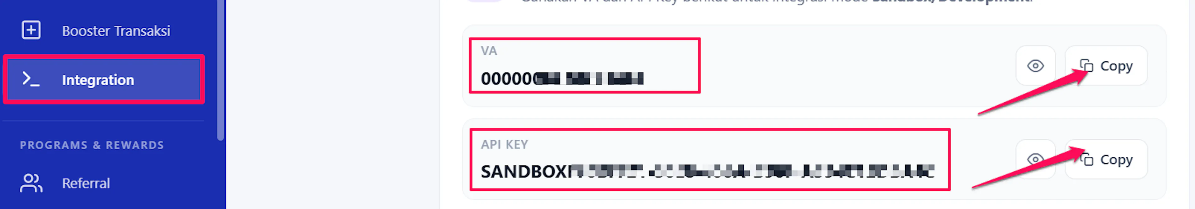 iPaymu Integrasi page showing the VA Number and API Key