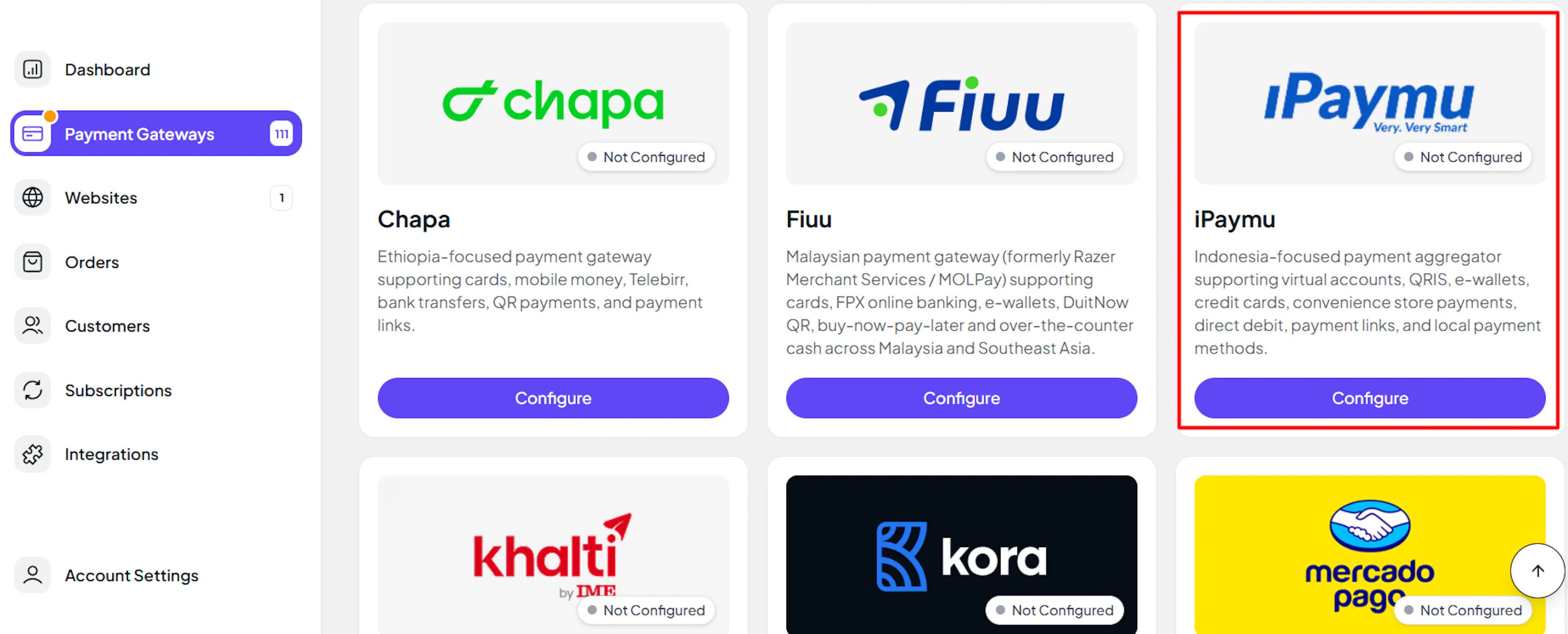 PayLexer Payment Gateways list with iPaymu highlighted