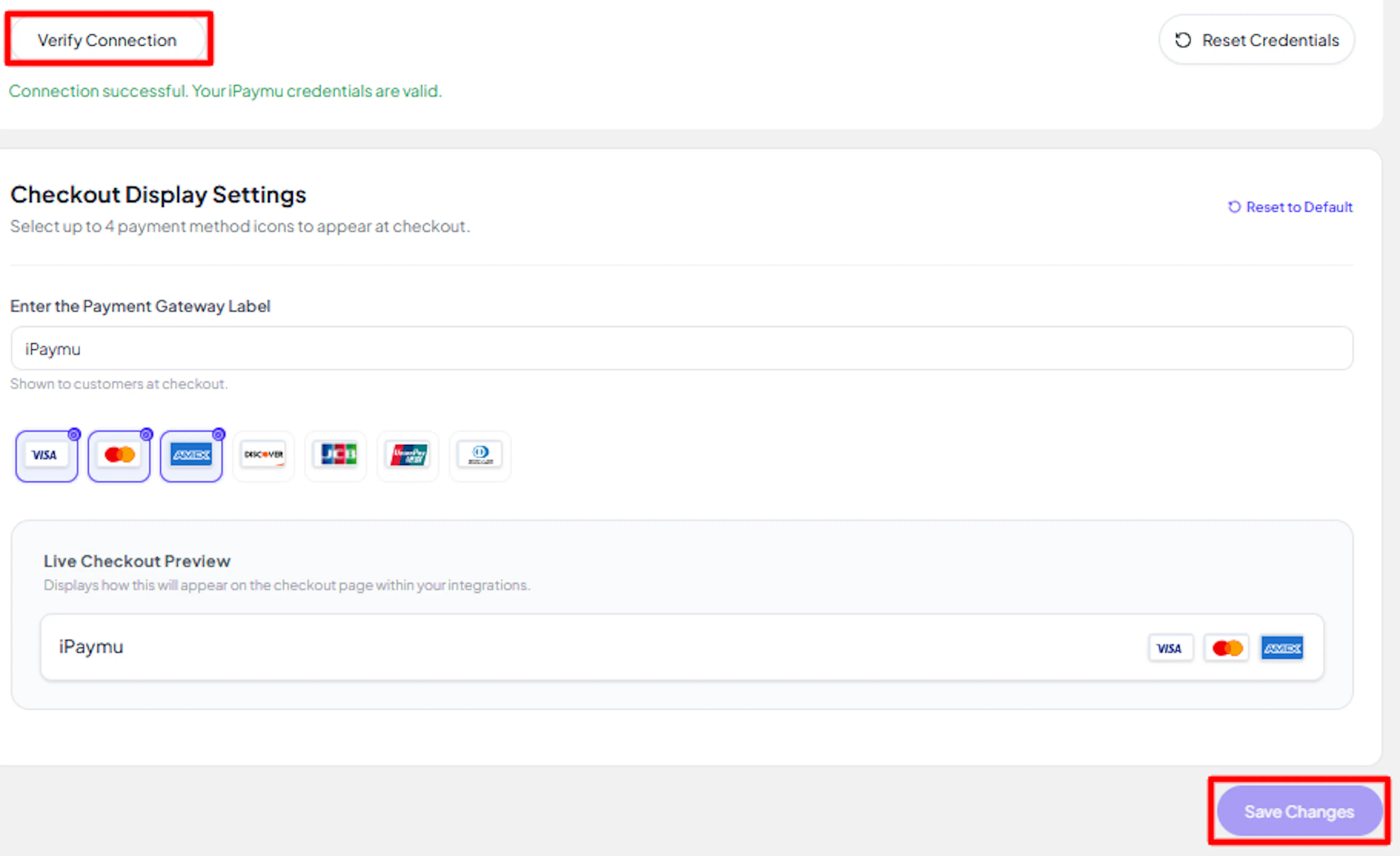 Save and Verify Connection buttons for iPaymu in PayLexer