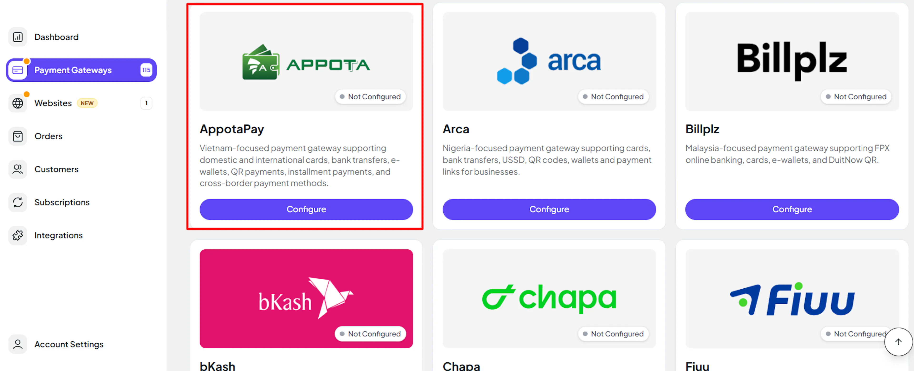 AppotaPay highlighted in the PayLexer Payment Gateways list