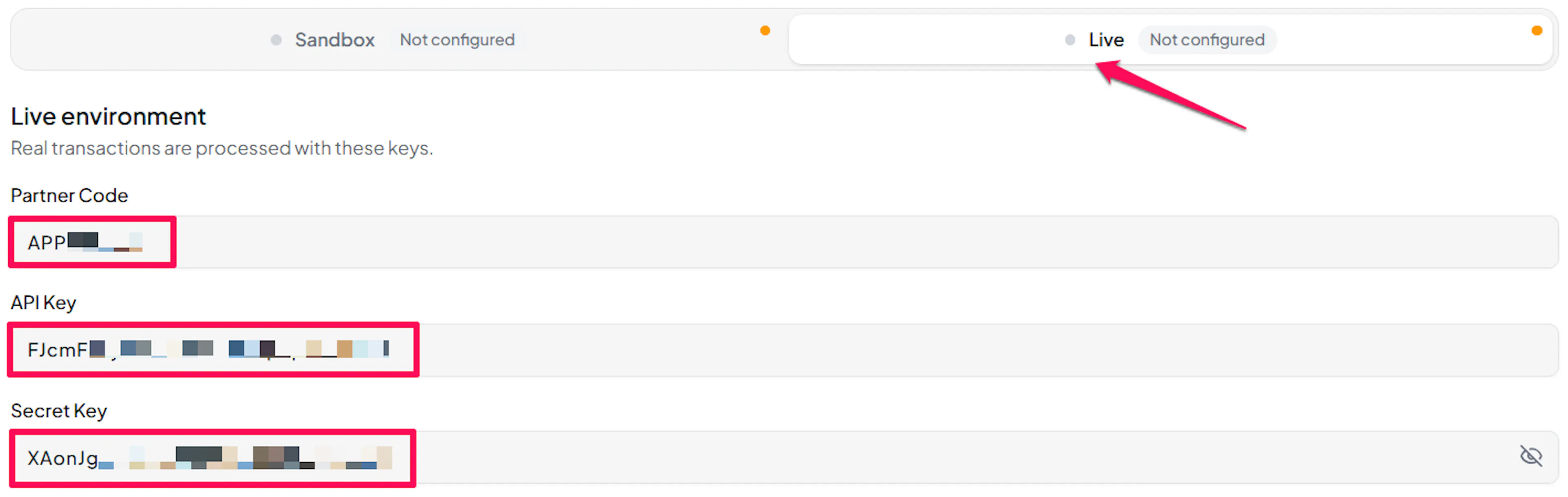 AppotaPay Live tab with Partner Code, API Key, and Secret Key fields