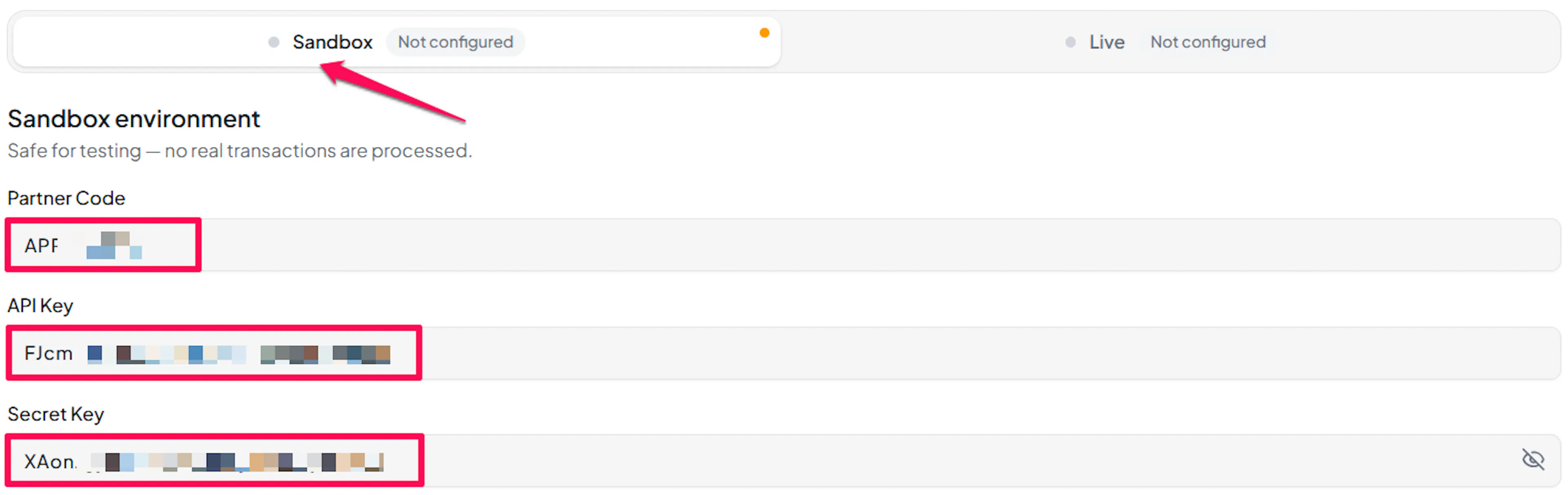 AppotaPay Test tab with Partner Code, API Key, and Secret Key fields