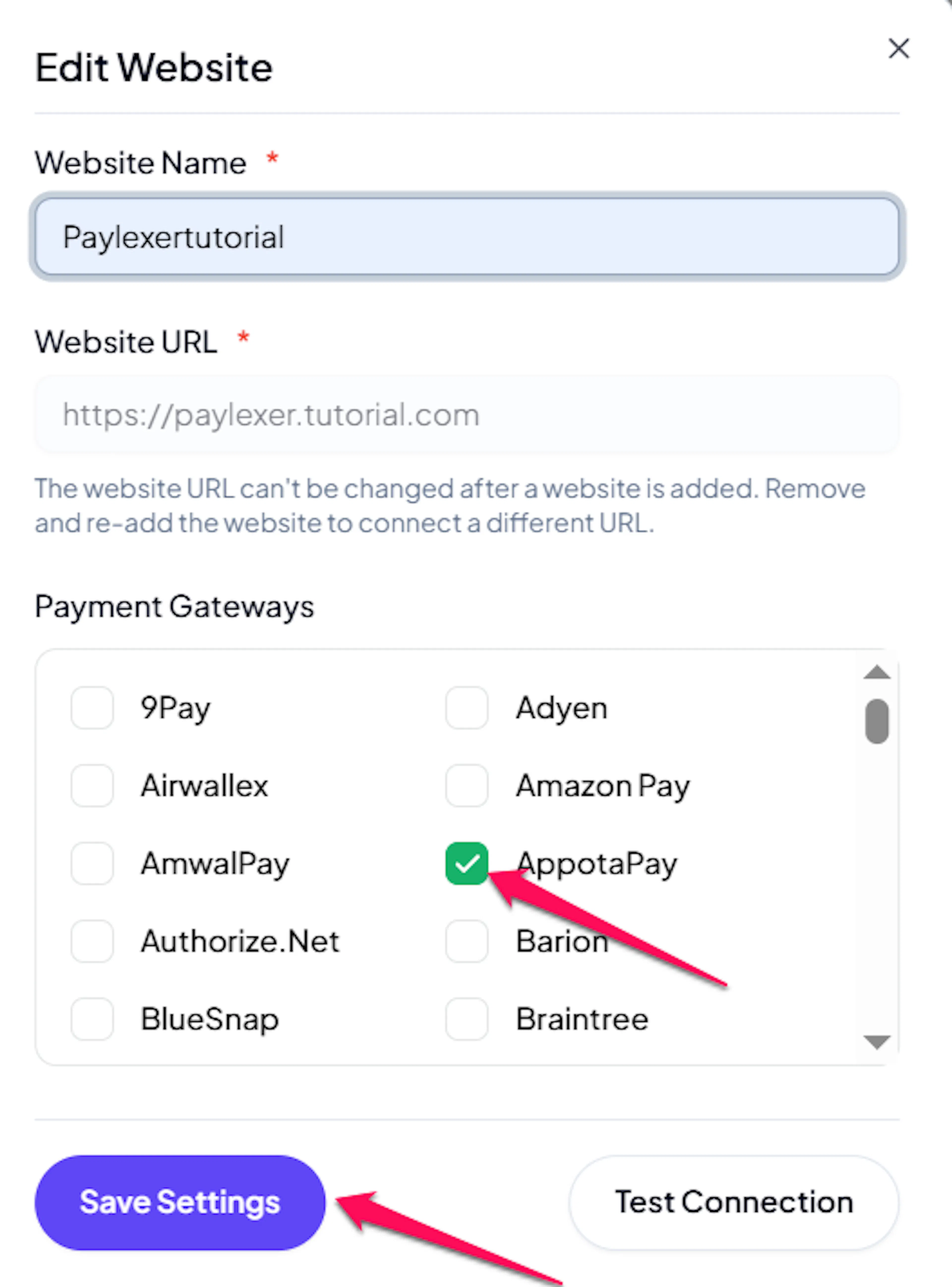 AppotaPay checkbox enabled in the website's payment gateway list