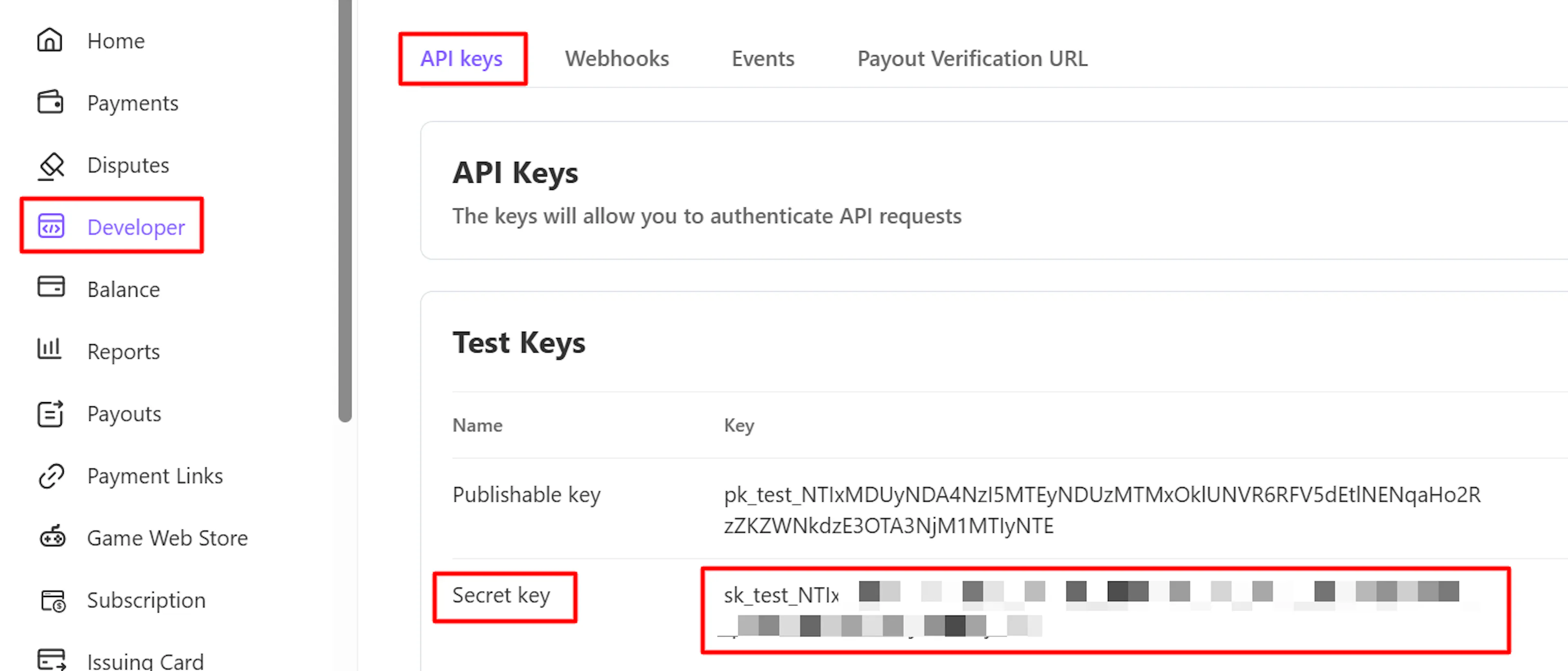 WooshPay API keys tab showing the Publishable key and Secret key